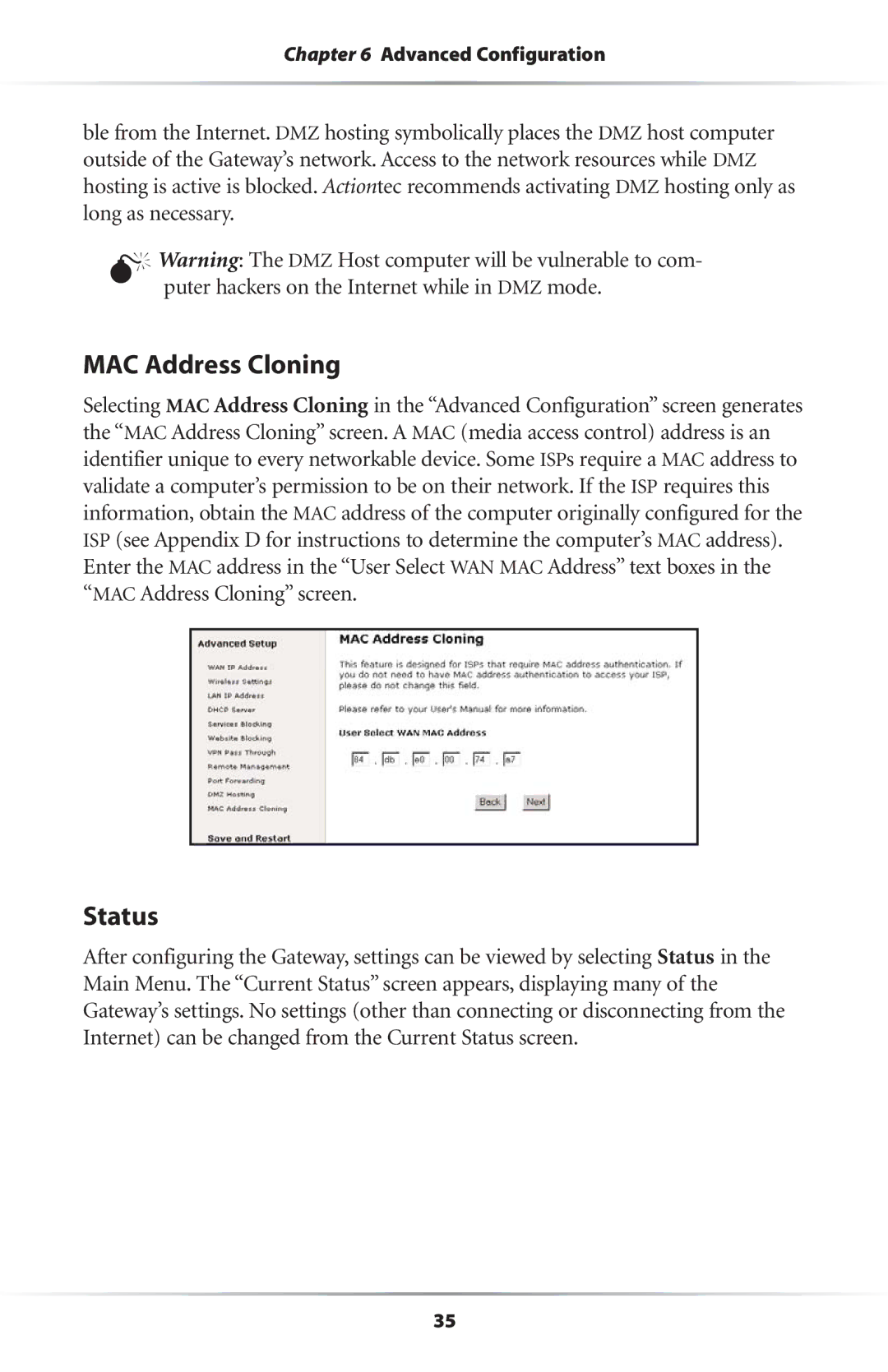 Actiontec electronic Wireless-Ready user manual MAC Address Cloning, Status 