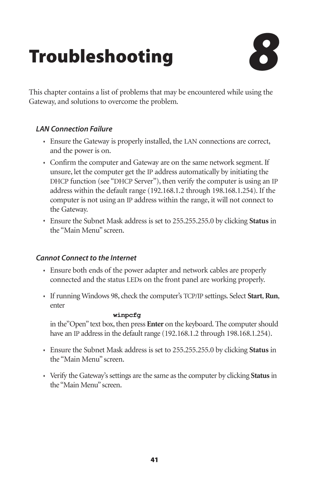 Actiontec electronic Wireless-Ready user manual Troubleshooting, LAN Connection Failure 