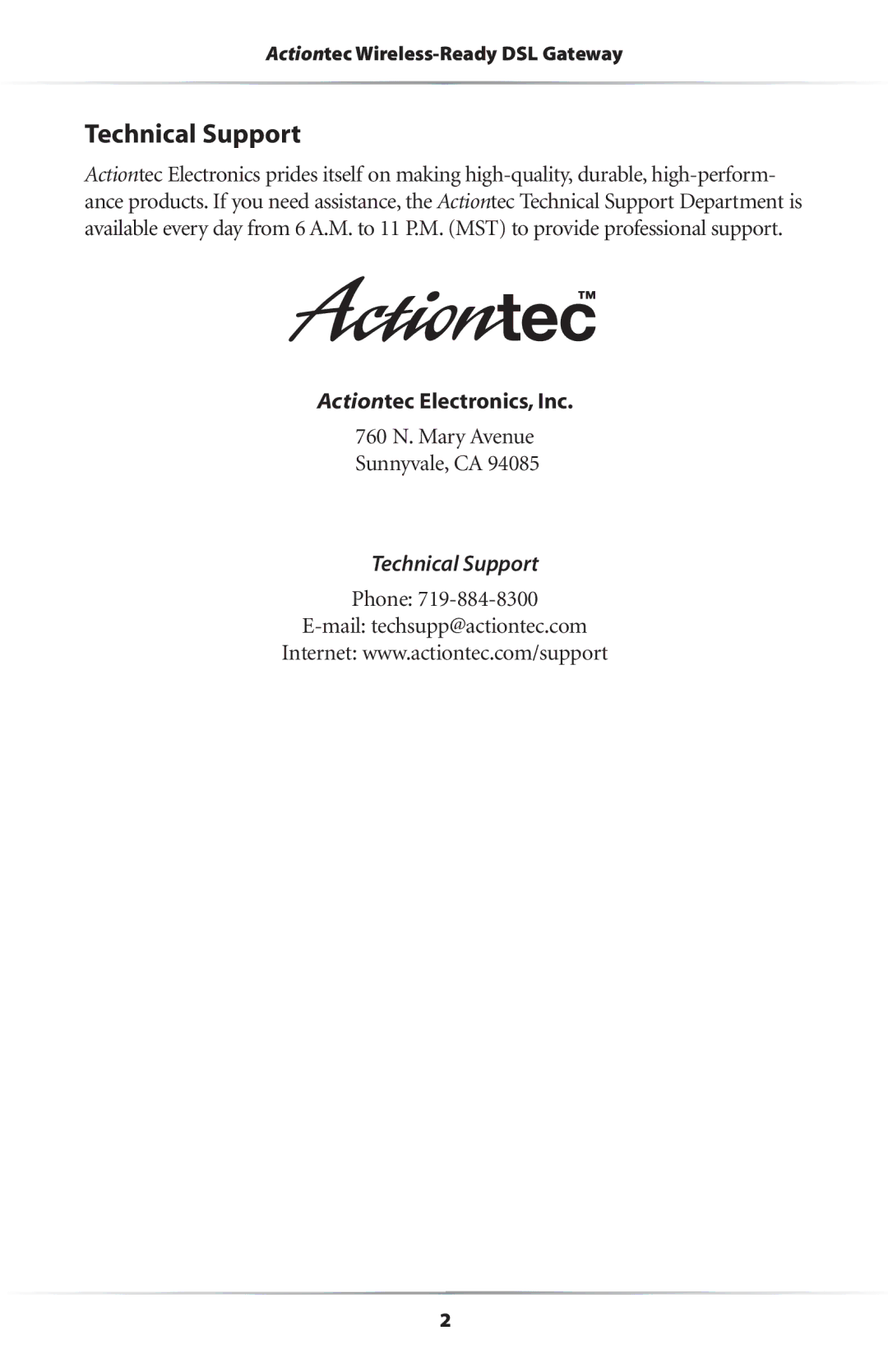 Actiontec electronic Wireless-Ready user manual Technical Support, Actiontec Electronics, Inc 