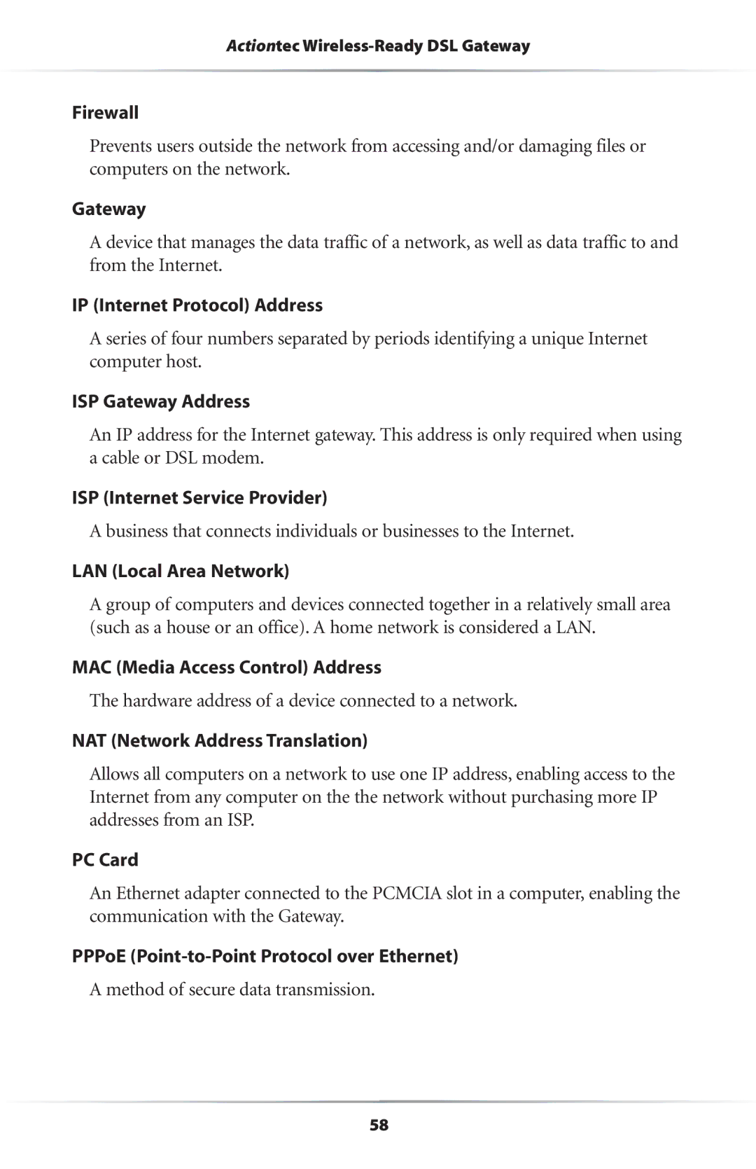 Actiontec electronic Wireless-Ready user manual Firewall, IP Internet Protocol Address, ISP Gateway Address, PC Card 