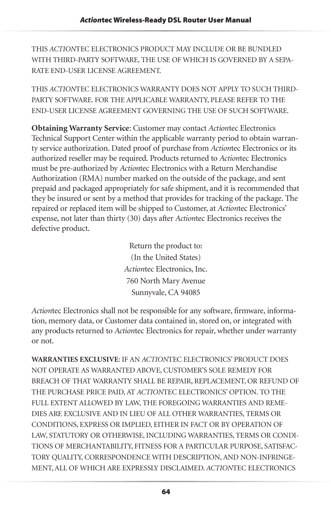 Actiontec electronic Wireless-Ready user manual Actiontec Electronics, Inc North Mary Avenue Sunnyvale, CA 