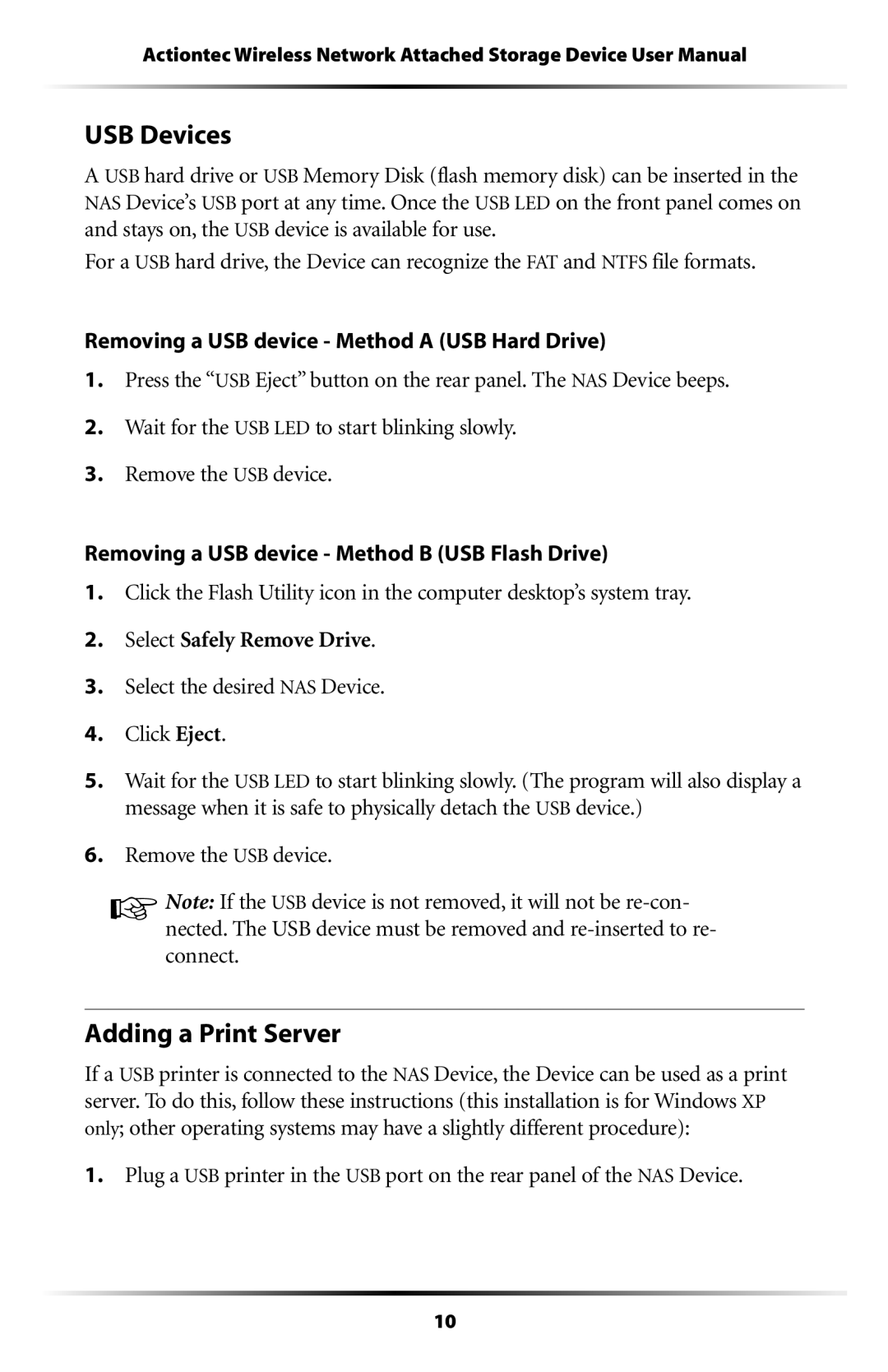 Actiontec electronic WNS100-200, WNS100-250, WNS100-160, WNS100-400, WNS100-300 manual USB Devices, Adding a Print Server 