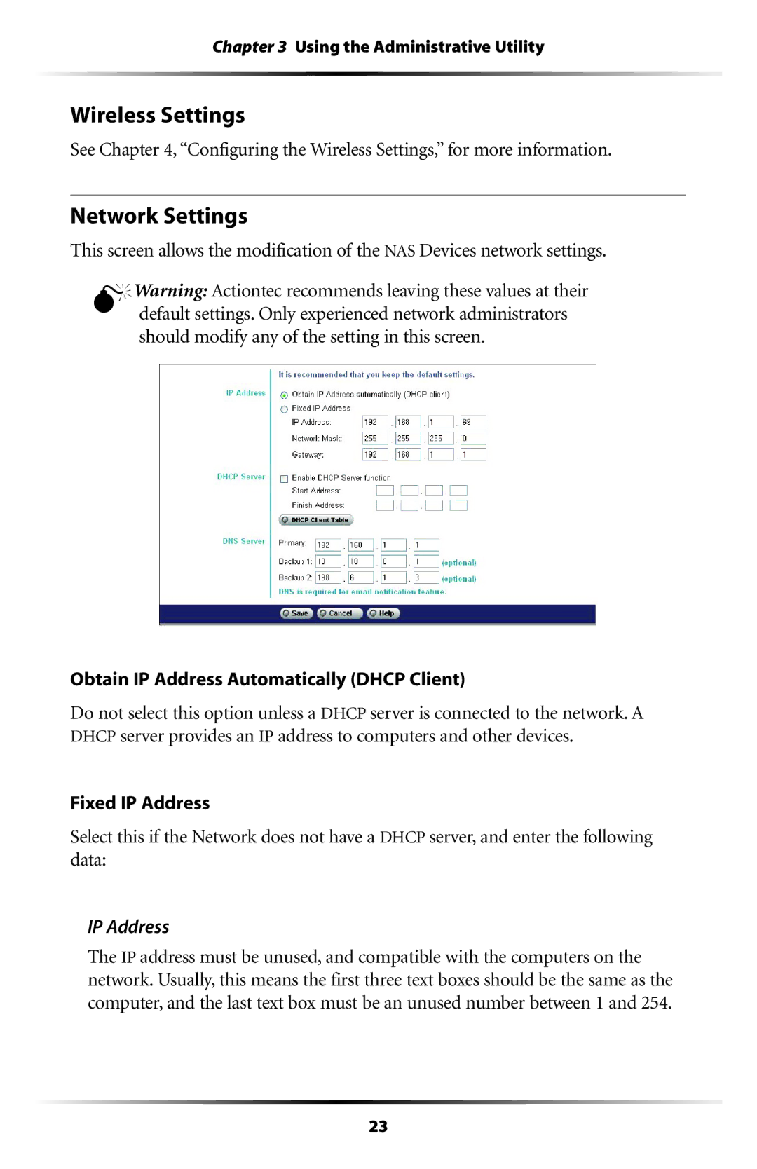 Actiontec electronic WNS100-160 manual Wireless Settings, Network Settings, Obtain IP Address Automatically Dhcp Client 