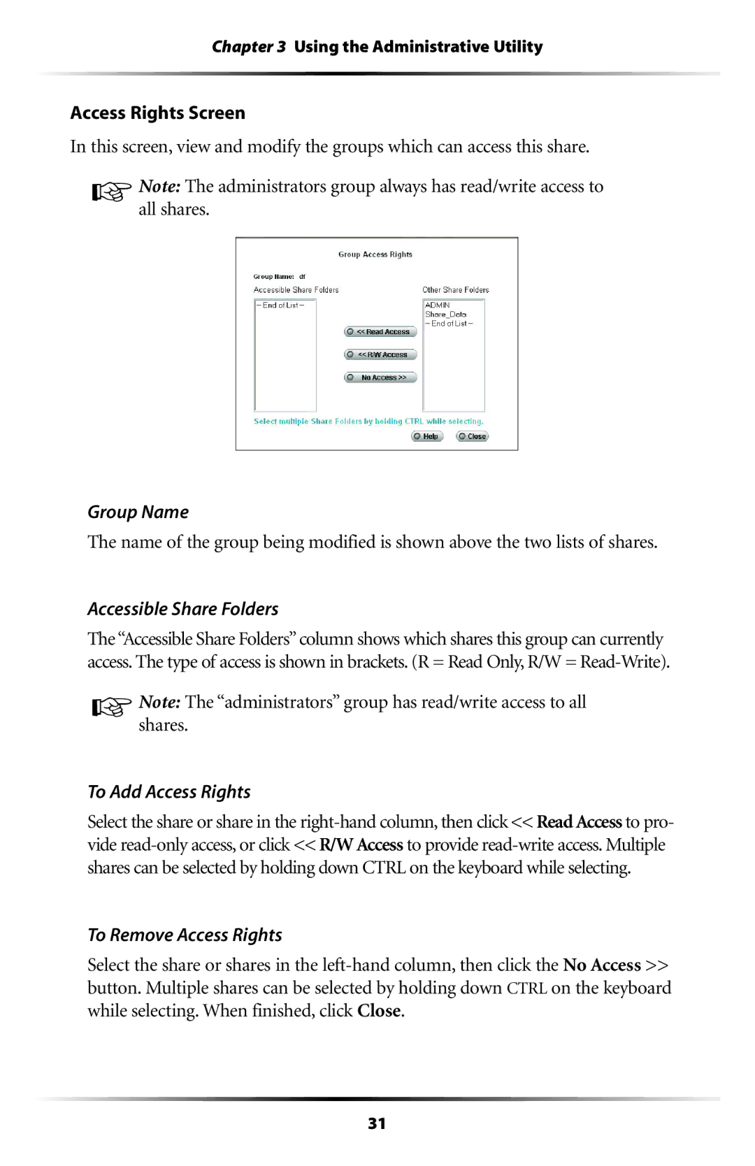 Actiontec electronic WNS100-400 manual Group Name, Accessible Share Folders, To Add Access Rights, To Remove Access Rights 