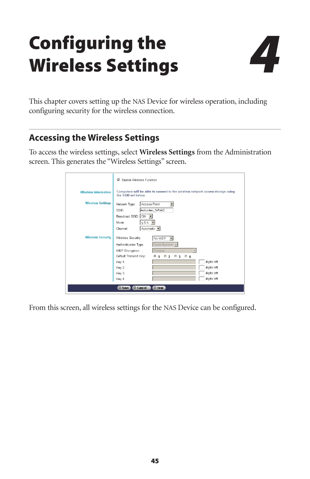 Actiontec electronic WNS100-250, WNS100-200, WNS100-160 manual Configuring Wireless Settings, Accessing the Wireless Settings 