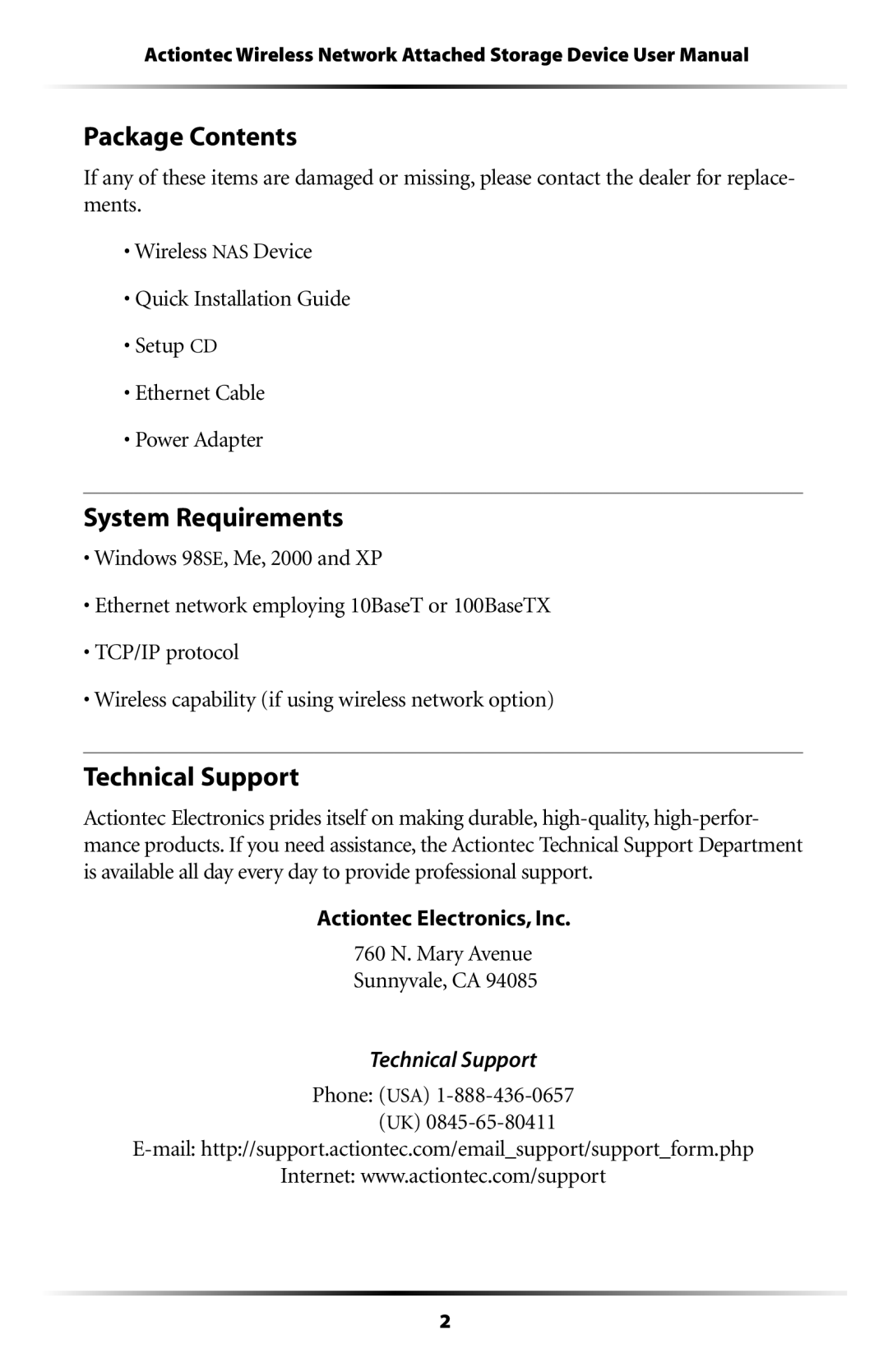 Actiontec electronic WNS100-300, WNS100-250, WNS100-200, WNS100-160 Package Contents, System Requirements, Technical Support 