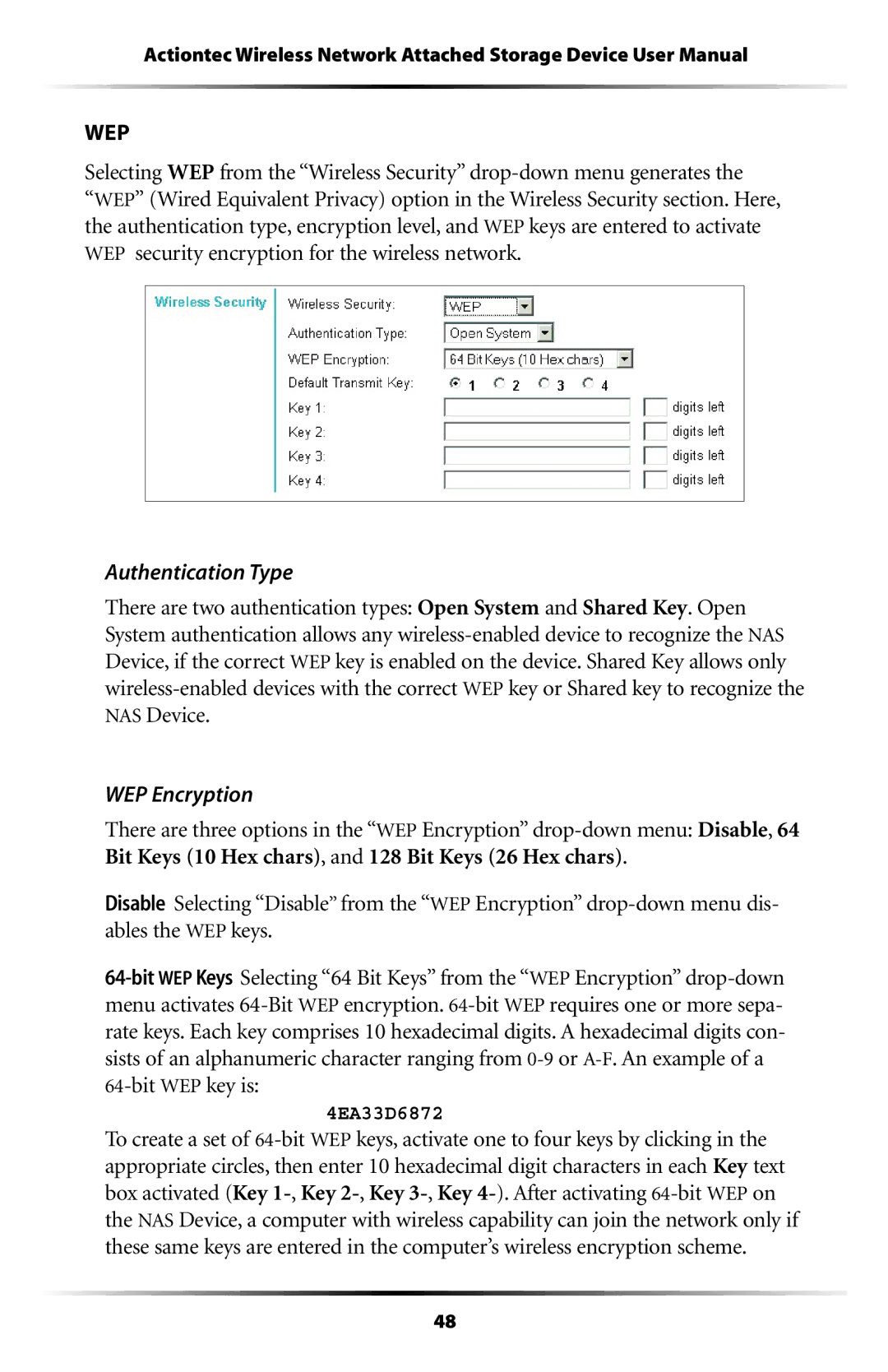 Actiontec electronic WNS100-250, WNS100-200, WNS100-160, WNS100-400 Authentication Type, WEP Encryption, Bit WEP key is 