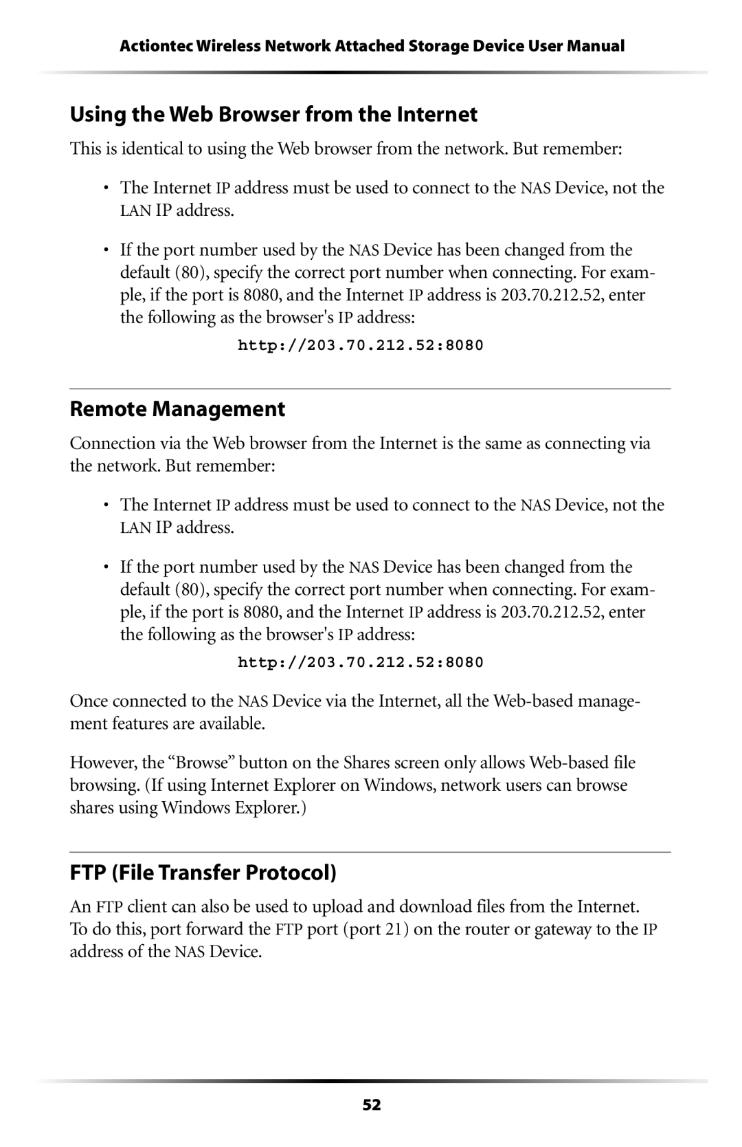 Actiontec electronic WNS100-200 Using the Web Browser from the Internet, Remote Management, FTP File Transfer Protocol 