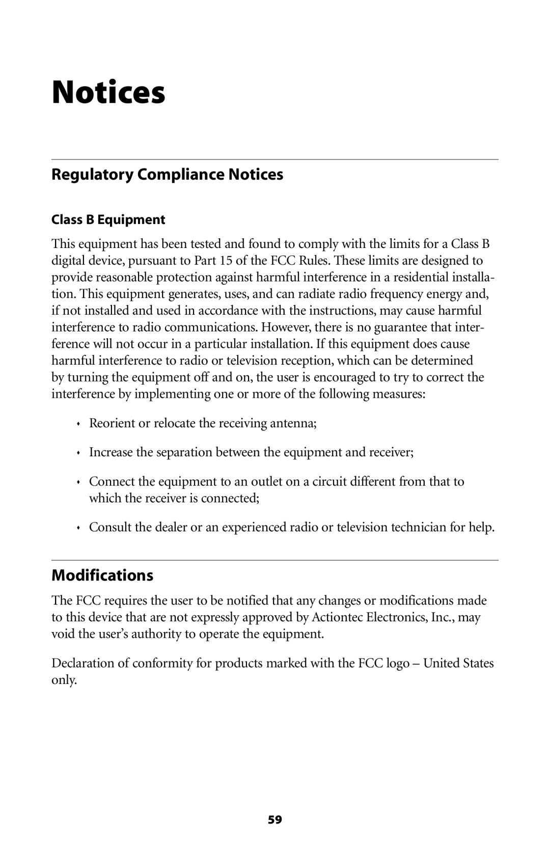 Actiontec electronic WNS100-160, WNS100-250, WNS100-200 Regulatory Compliance Notices, Modifications, Class B Equipment 