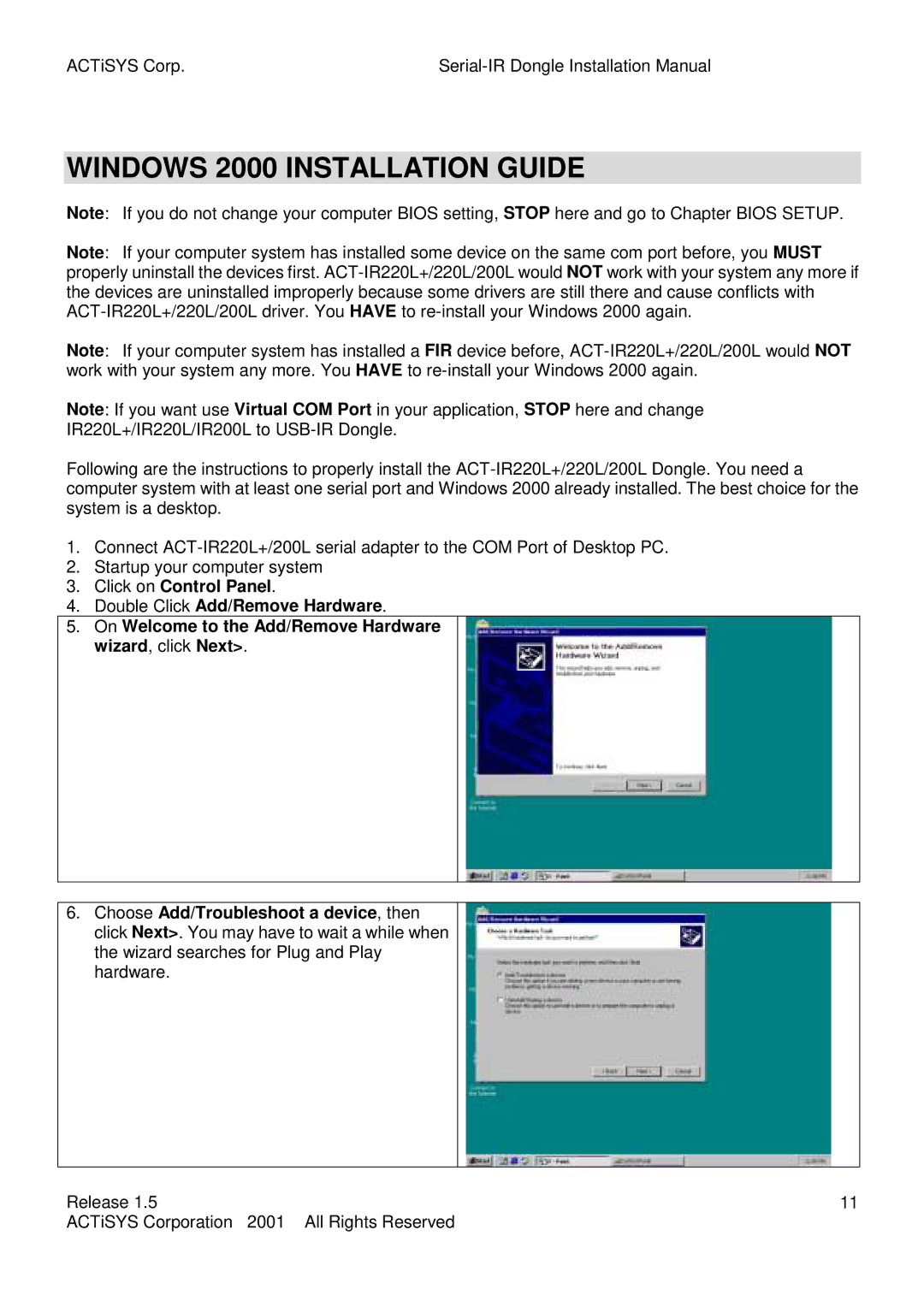 ACTiSYS ACT-IR200L, ACT-IR220L user manual Windows 2000 Installation Guide 