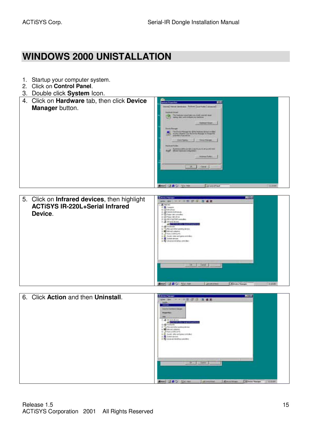 ACTiSYS ACT-IR200L, ACT-IR220L user manual Windows 2000 Unistallation, Click on Control Panel 