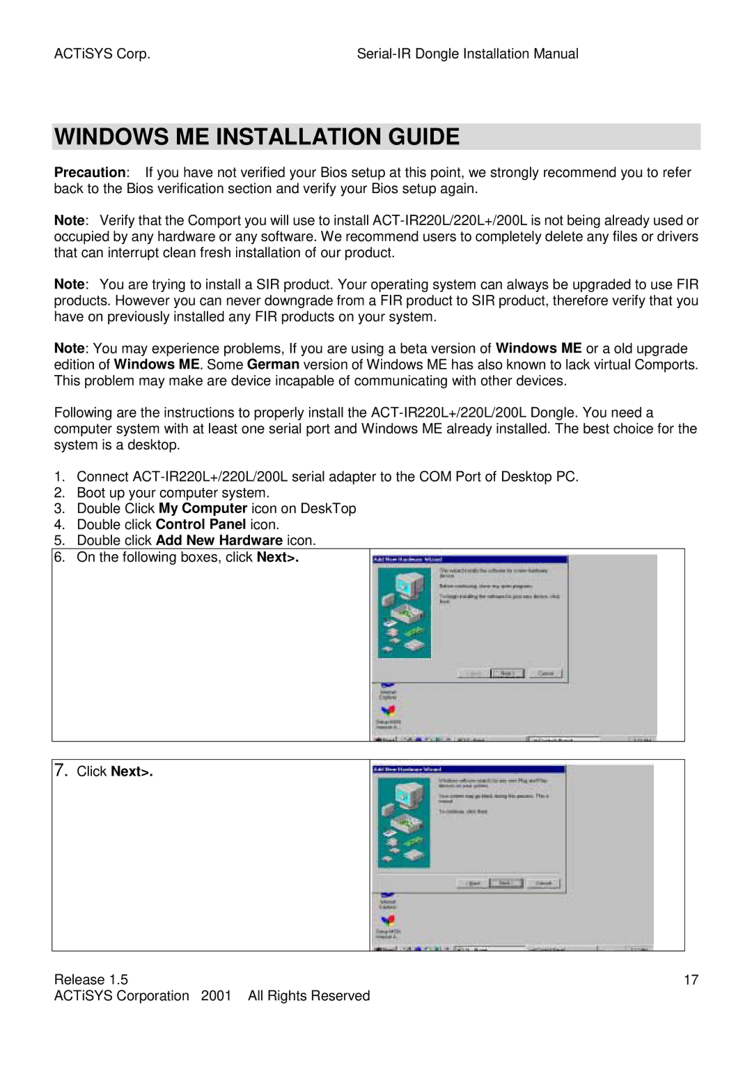 ACTiSYS ACT-IR200L, ACT-IR220L user manual Windows ME Installation Guide 