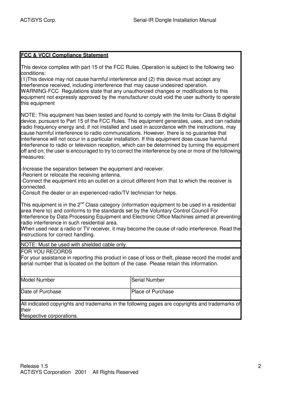 ACTiSYS ACT-IR220L, ACT-IR200L user manual FCC & Vcci Compliance Statement, For YOU Records 