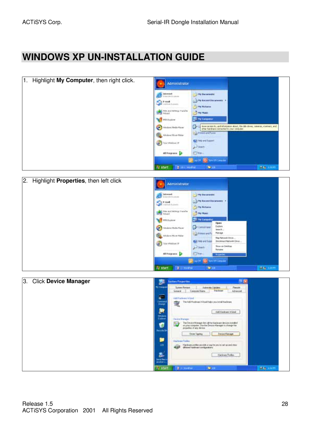 ACTiSYS ACT-IR220L, ACT-IR200L user manual Windows XP UN-INSTALLATION Guide, Click Device Manager 