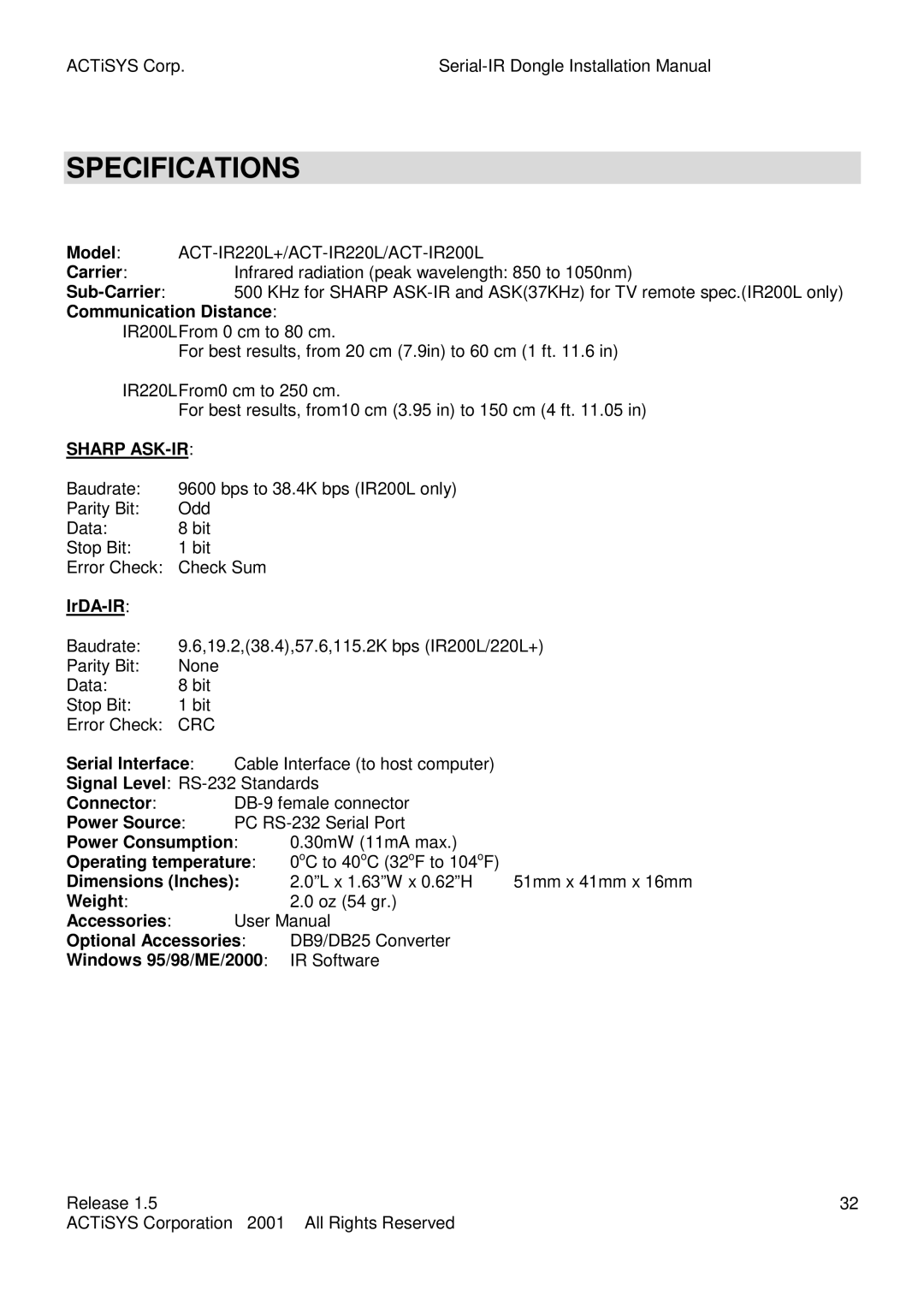 ACTiSYS ACT-IR220L, ACT-IR200L user manual Specifications 