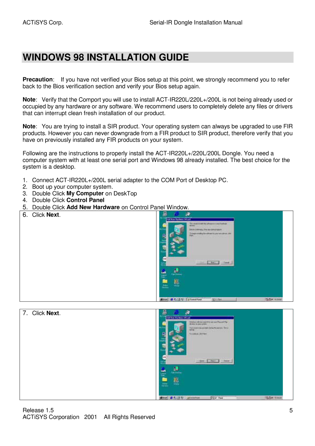 ACTiSYS ACT-IR200L, ACT-IR220L user manual Windows 98 Installation Guide 