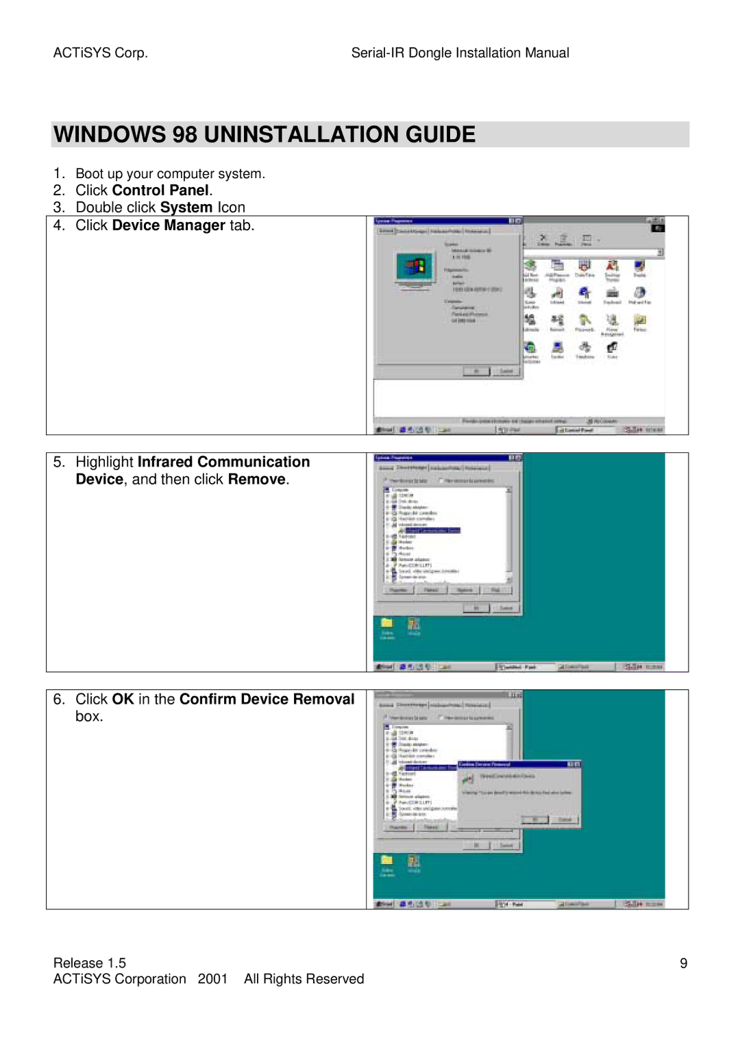 ACTiSYS ACT-IR200L, ACT-IR220L user manual Windows 98 Uninstallation Guide, Click Device Manager tab 