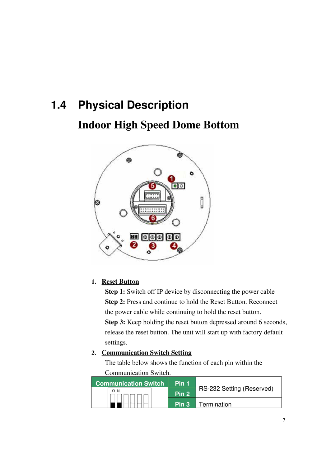 ACTiSYS CAM-6500 user manual Reset Button, Communication Switch Setting 