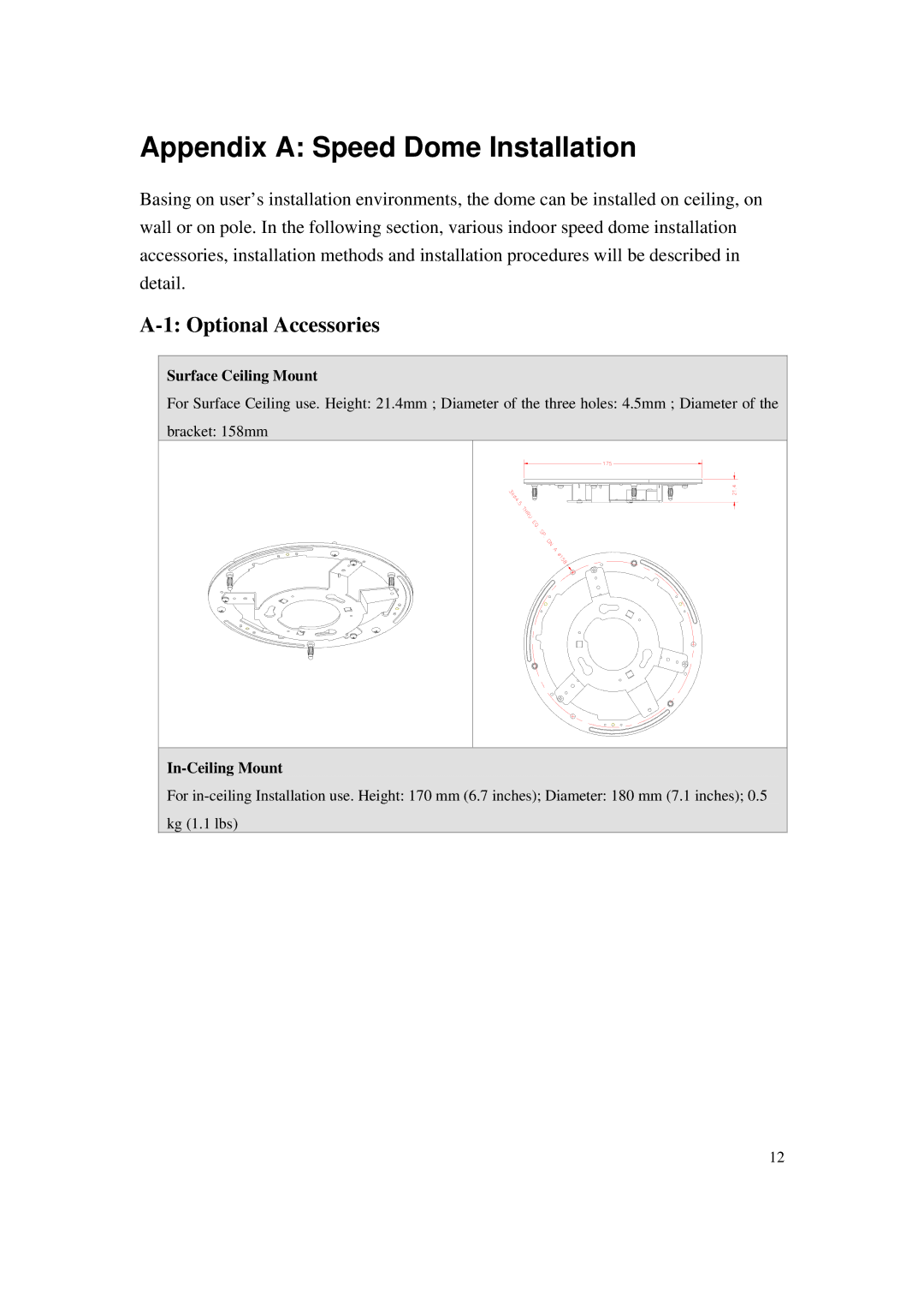 ACTiSYS CAM-6500 user manual Optional Accessories, Surface Ceiling Mount, In-Ceiling Mount 