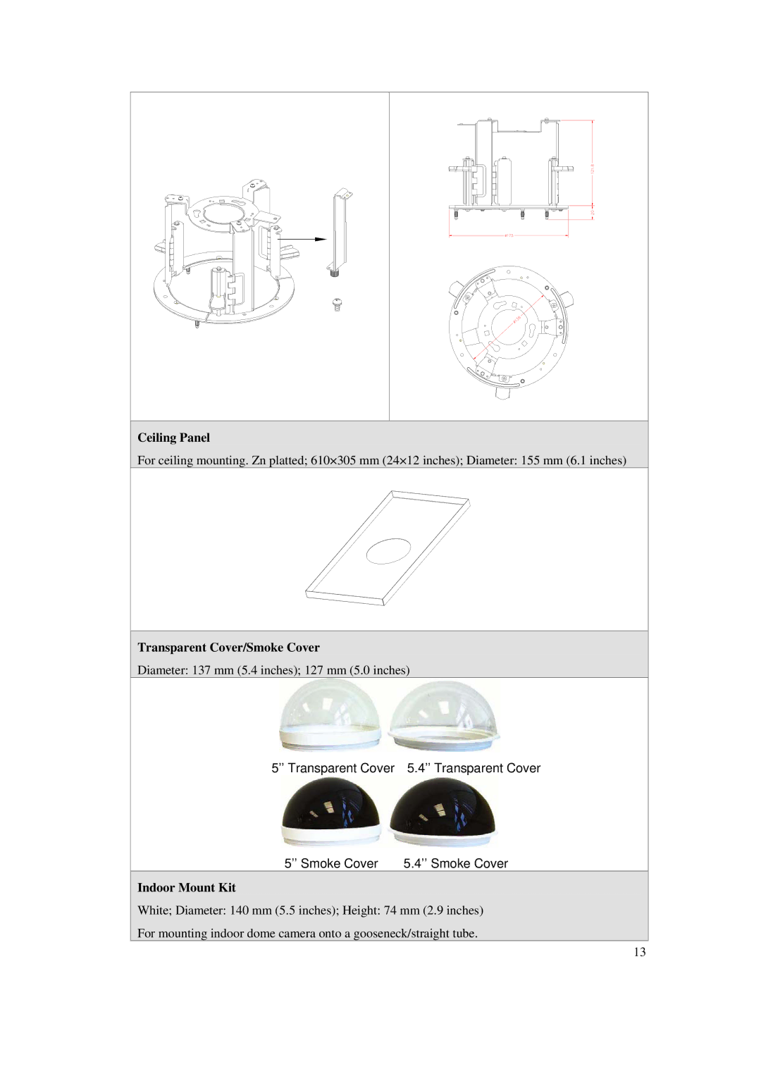 ACTiSYS CAM-6500 user manual Ceiling Panel, Transparent Cover/Smoke Cover, Indoor Mount Kit 