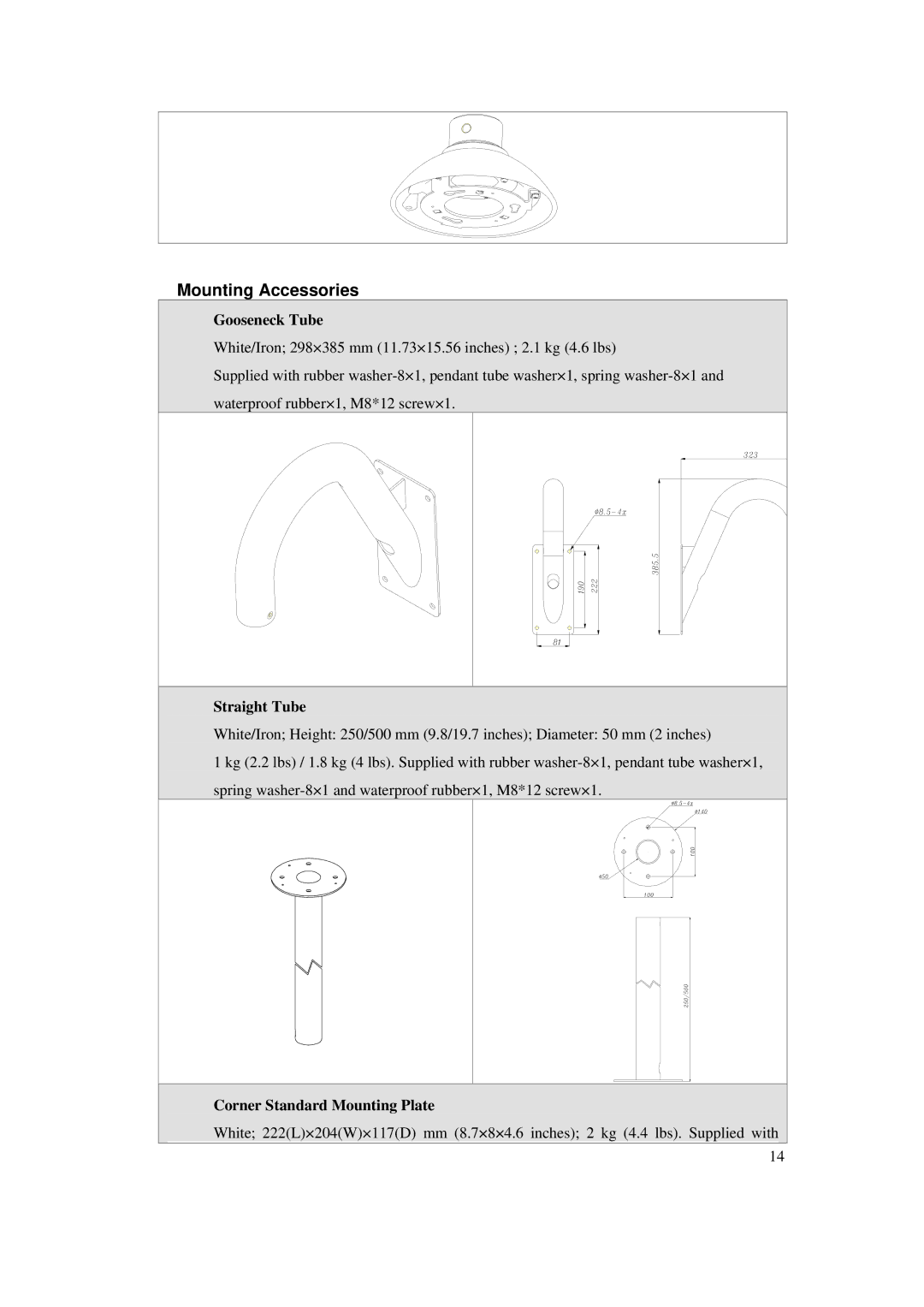 ACTiSYS CAM-6500 user manual Gooseneck Tube, Straight Tube, Corner Standard Mounting Plate 