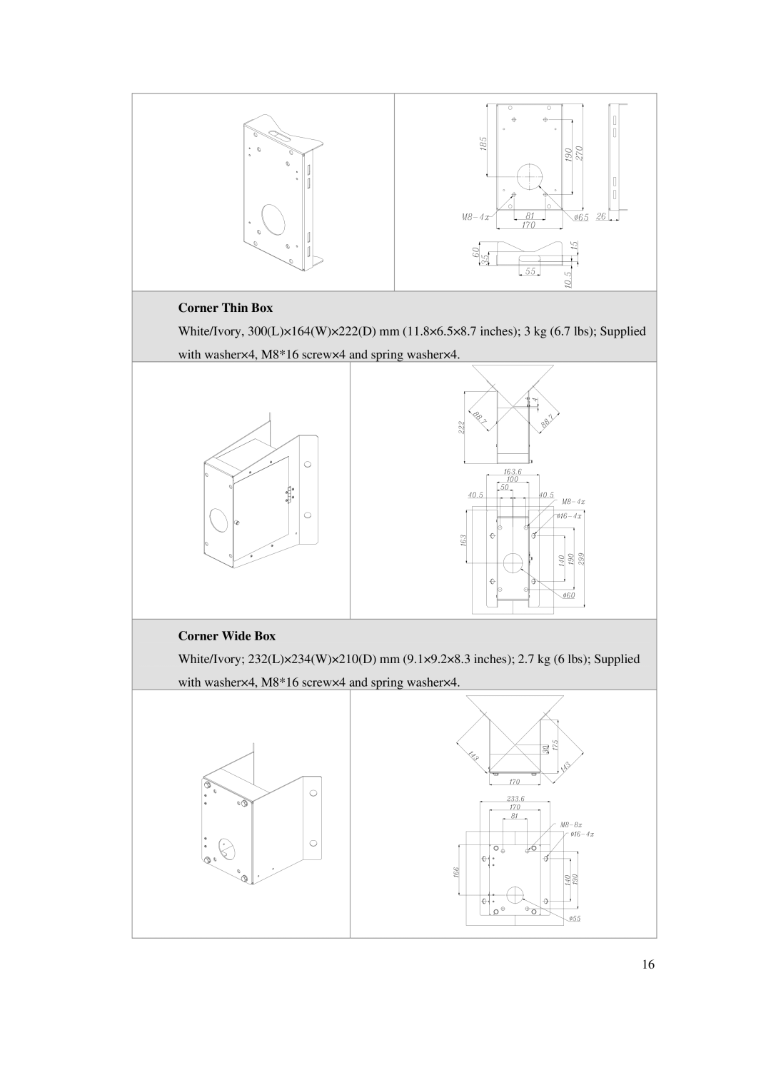 ACTiSYS CAM-6500 user manual Corner Thin Box, Corner Wide Box 