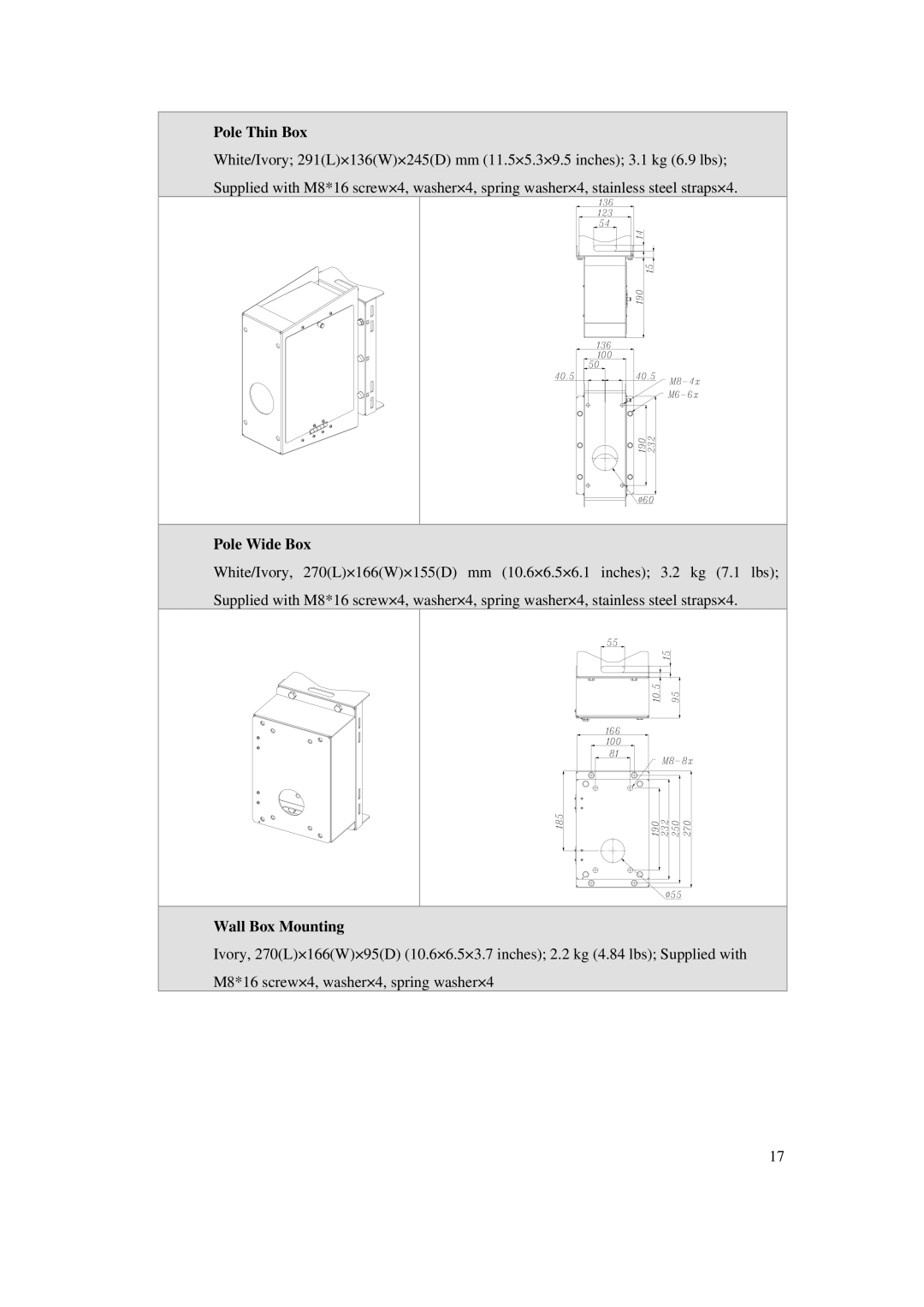 ACTiSYS CAM-6500 user manual Pole Thin Box, Pole Wide Box, Wall Box Mounting 