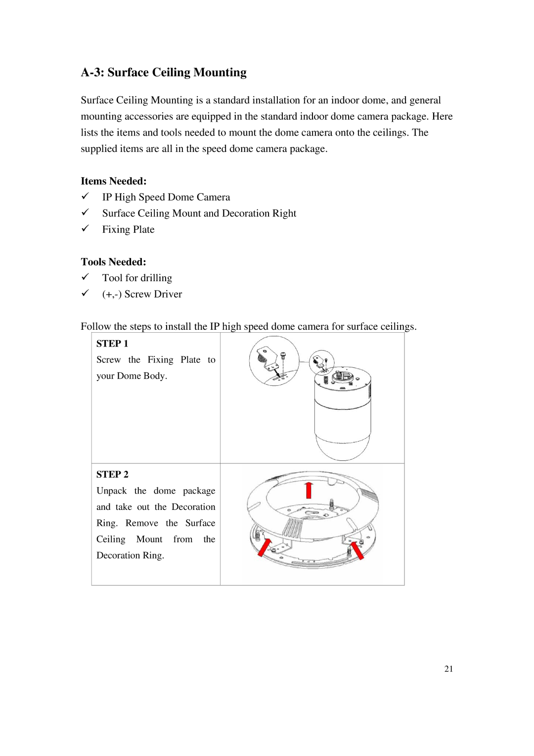 ACTiSYS CAM-6500 user manual Surface Ceiling Mounting, Items Needed, Tools Needed 