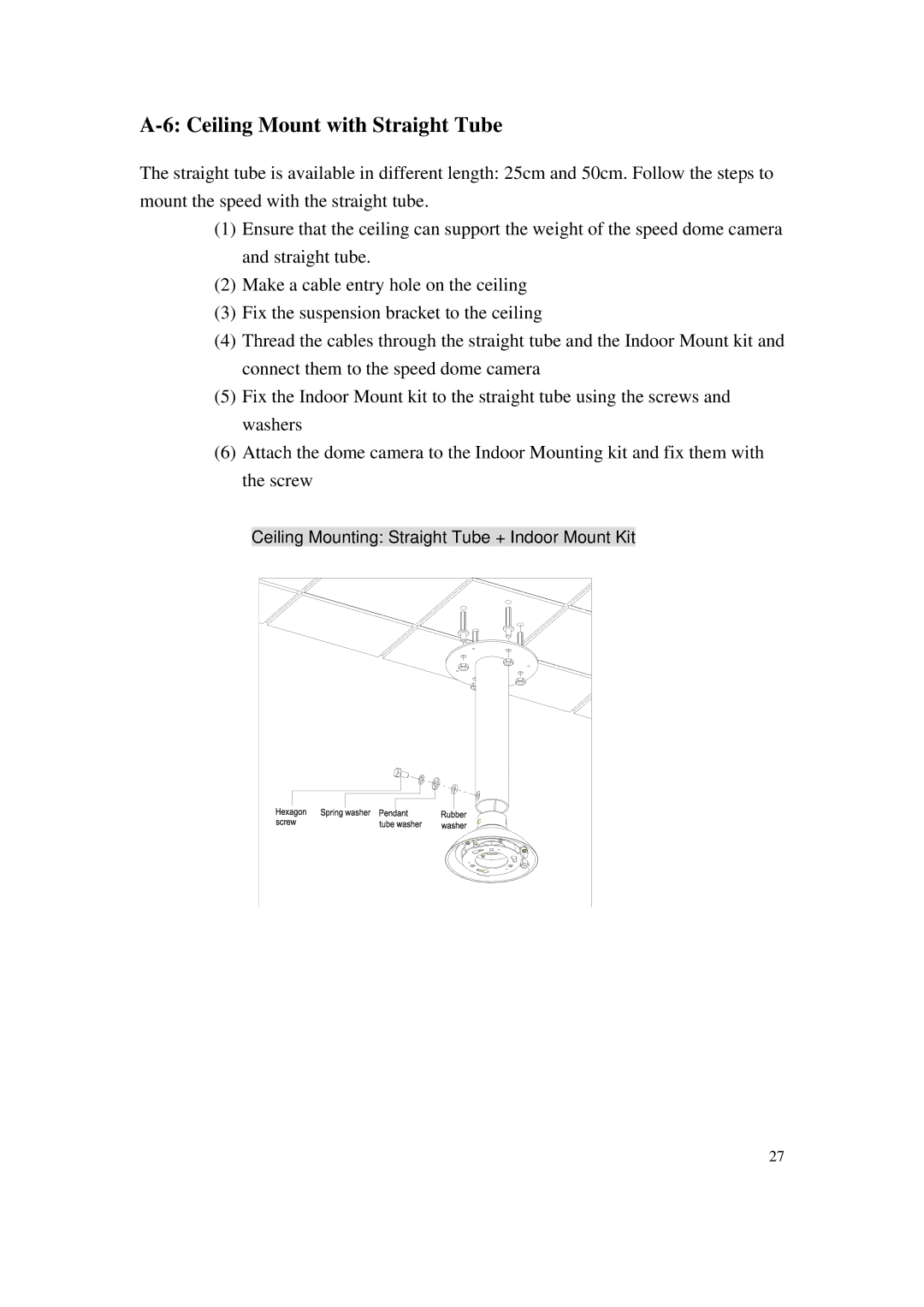 ACTiSYS CAM-6500 user manual Ceiling Mount with Straight Tube 