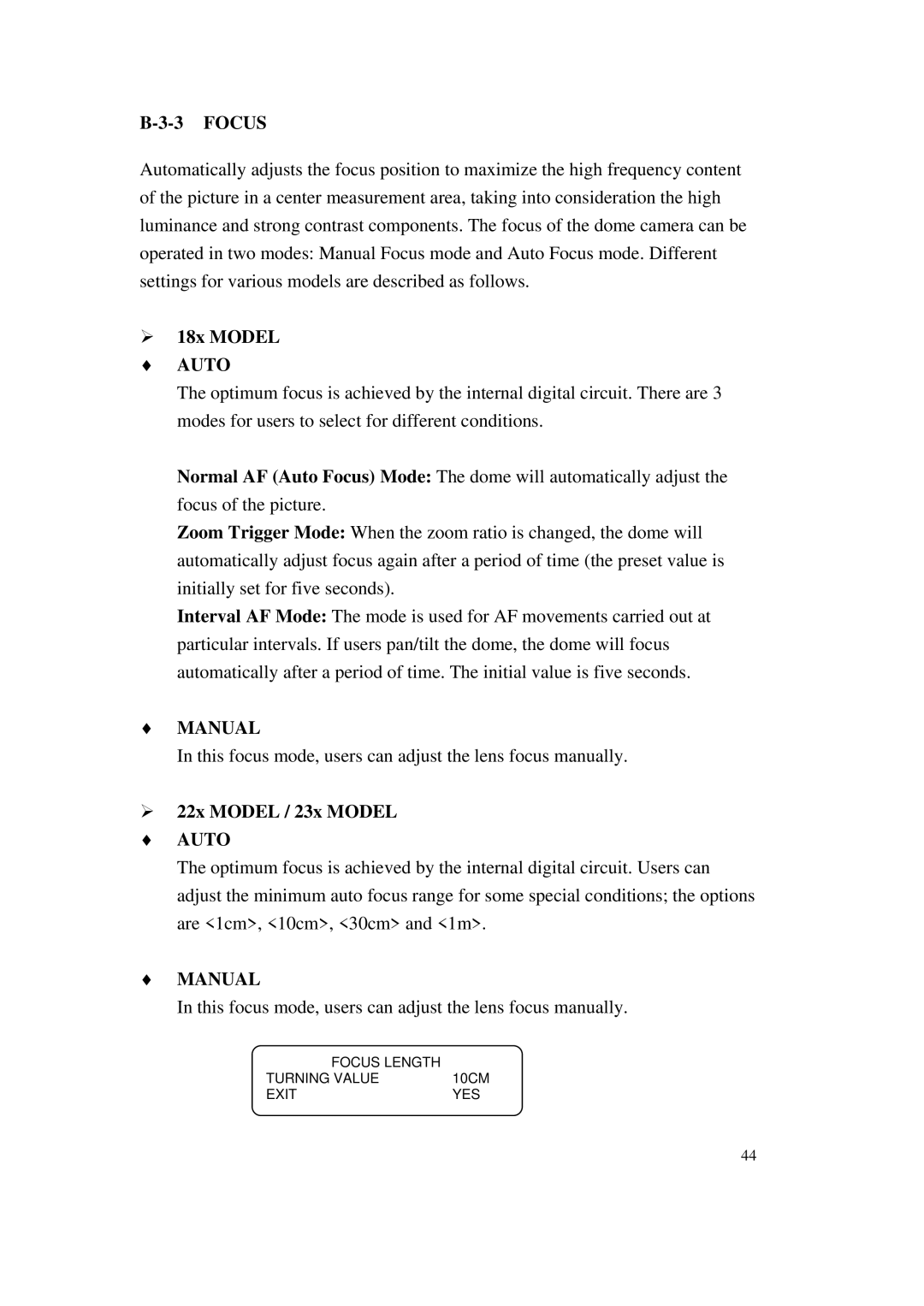 ACTiSYS CAM-6500 user manual Focus, ¾ 18x Model Auto, Manual, ¾ 22x Model / 23x Model Auto 