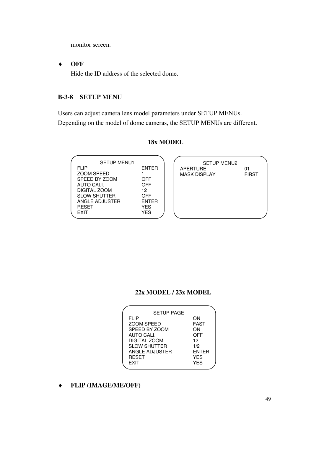 ACTiSYS CAM-6500 user manual Off, Setup Menu, 18x Model, 22x Model / 23x Model, Flip IMAGE/ME/OFF 