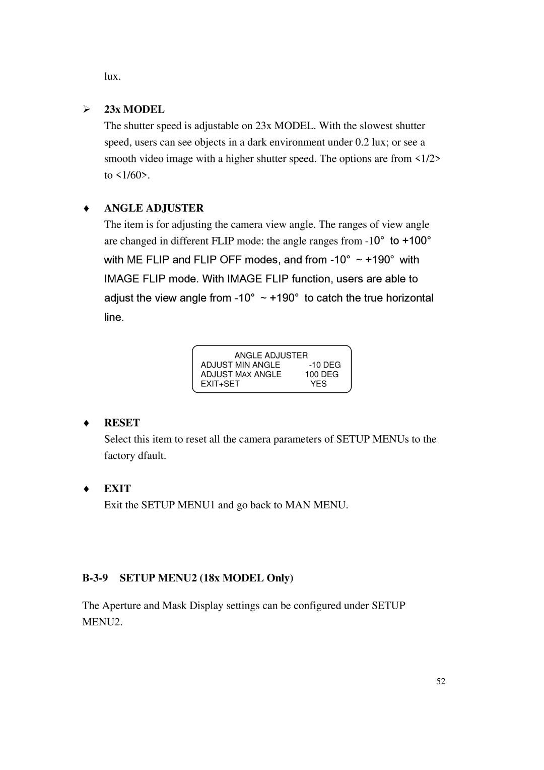 ACTiSYS CAM-6500 user manual ¾ 23x Model, Angle Adjuster, Reset, Exit, Setup MENU2 18x Model Only 