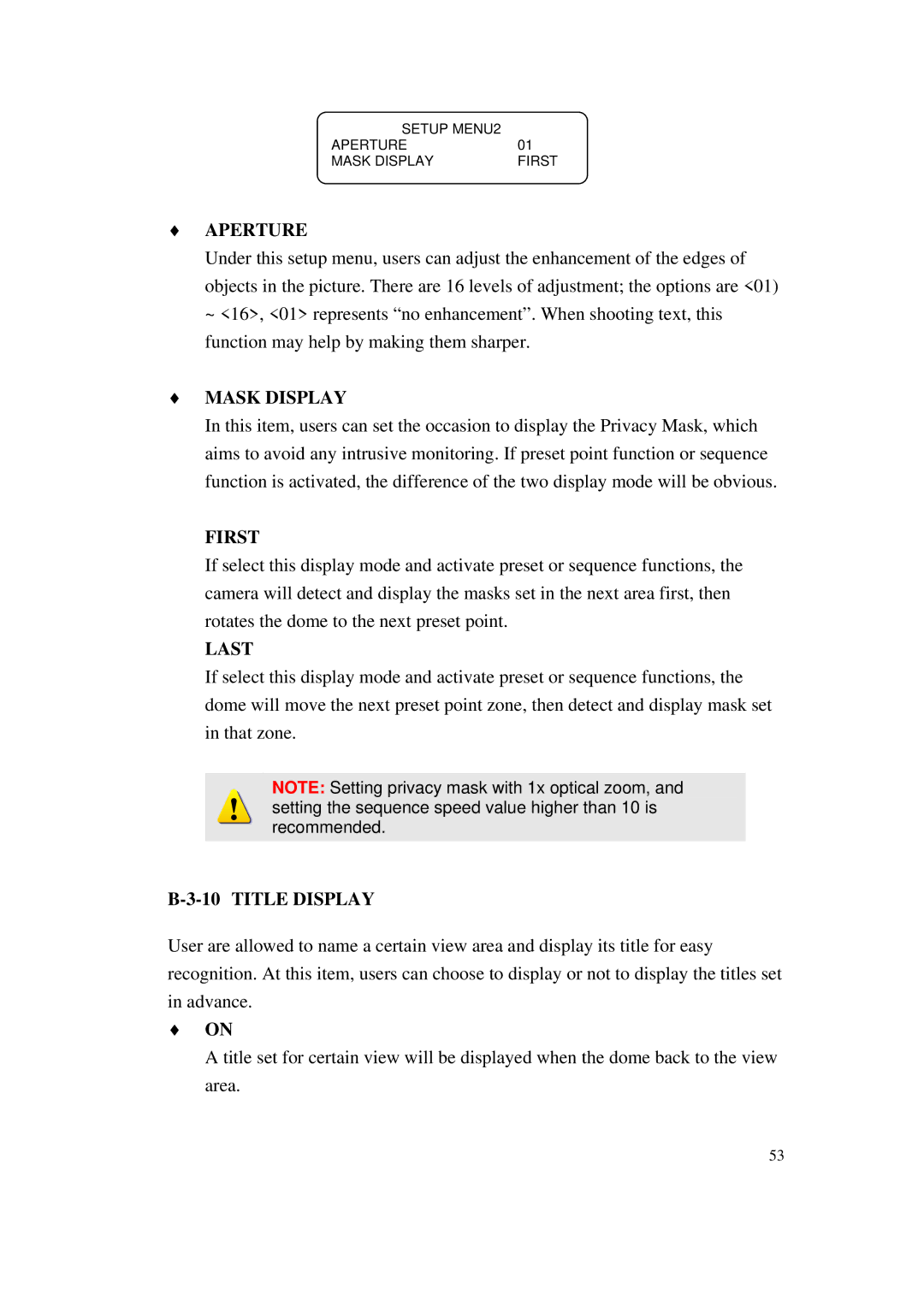 ACTiSYS CAM-6500 user manual Mask Display, First, Last, Title Display 