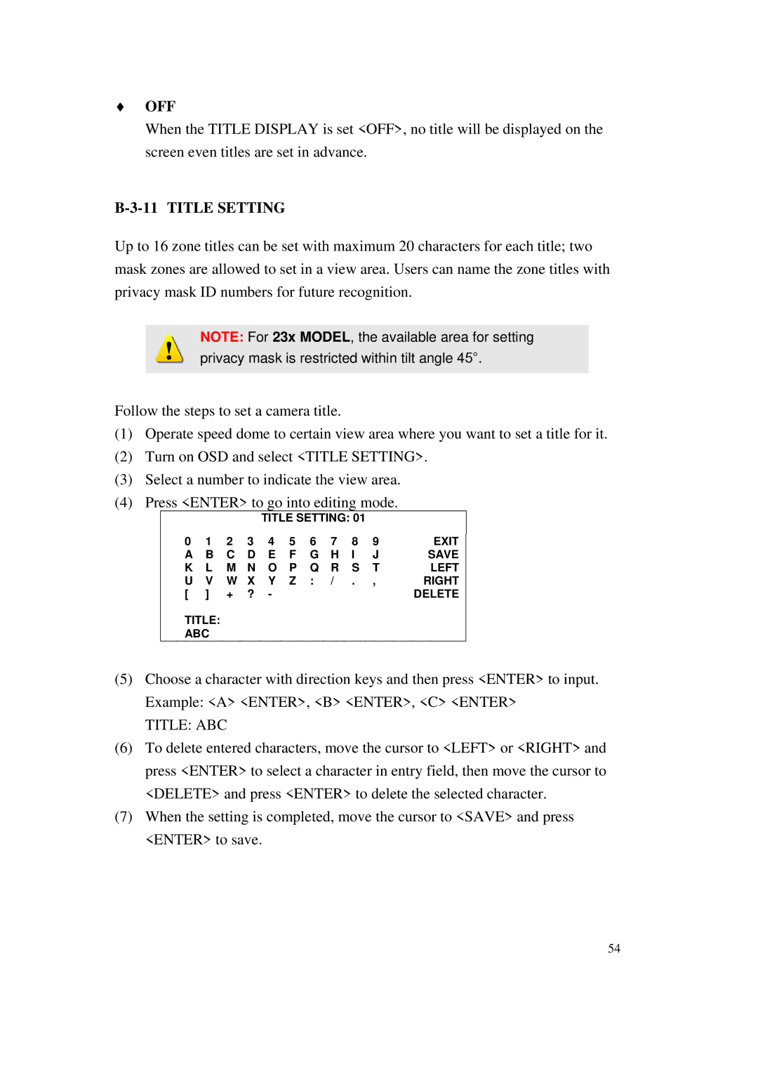 ACTiSYS CAM-6500 user manual Title Setting, Title ABC 