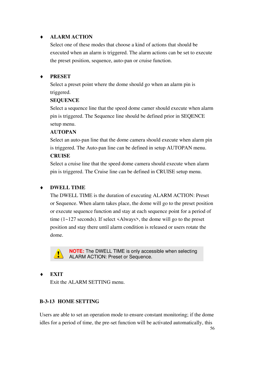 ACTiSYS CAM-6500 user manual Alarm Action, Preset, Sequence, Autopan, Cruise, Dwell Time, Home Setting 