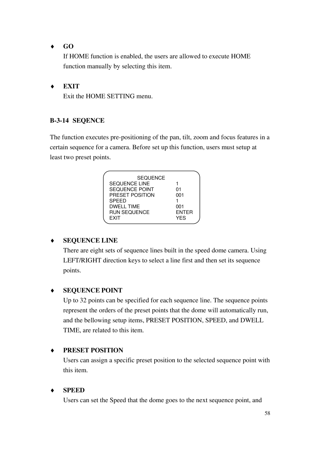 ACTiSYS CAM-6500 user manual Seqence, Sequence Line, Sequence Point, Preset Position, Speed 