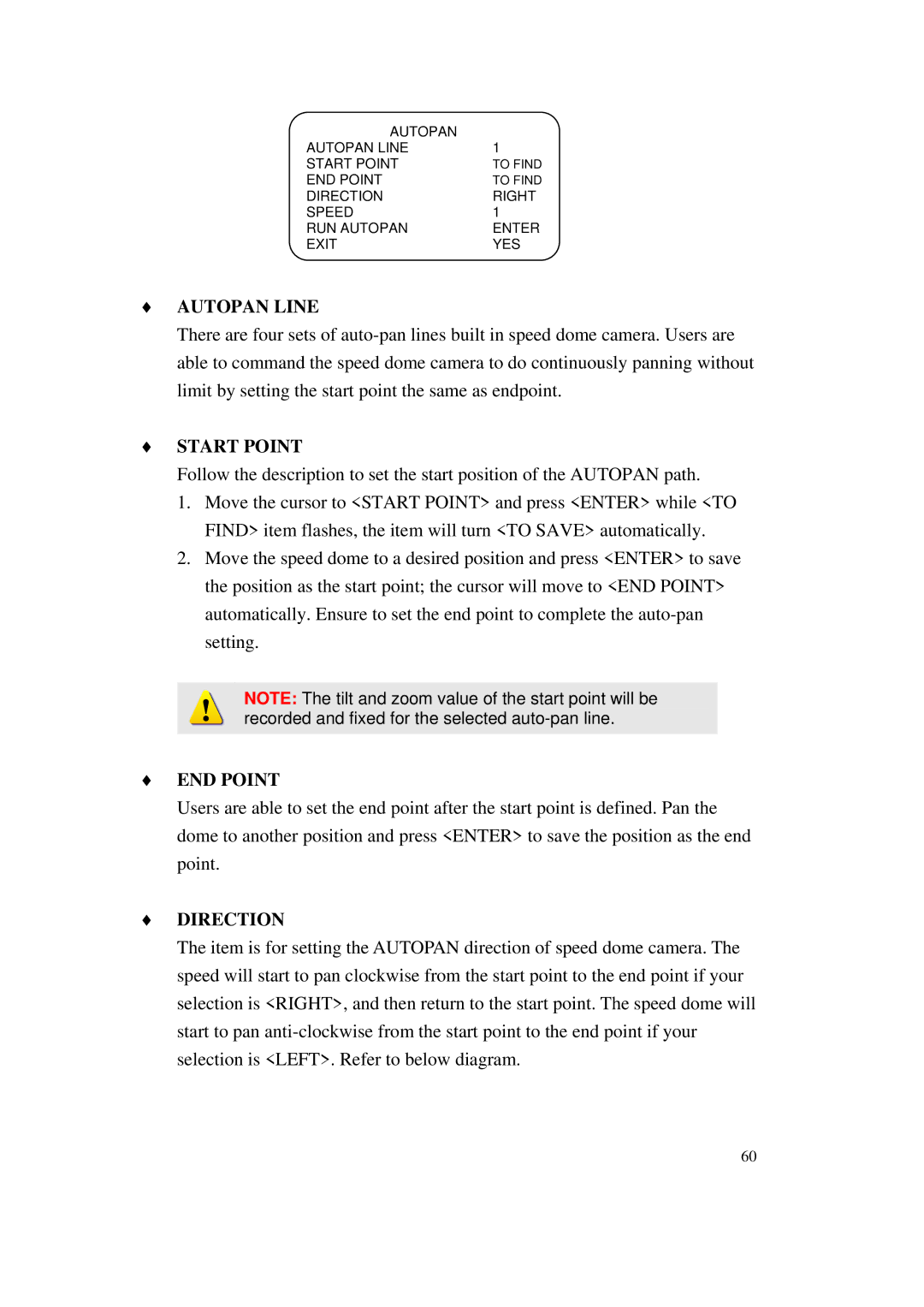 ACTiSYS CAM-6500 user manual Autopan Line, Start Point, END Point, Direction 