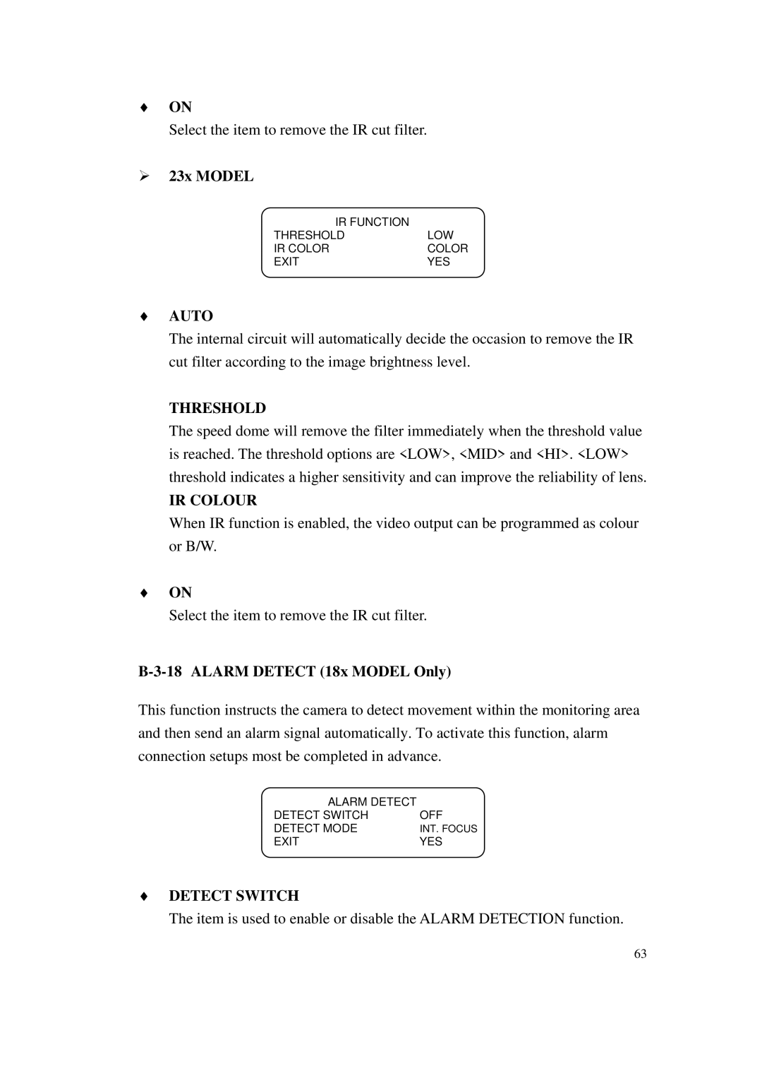 ACTiSYS CAM-6500 user manual Threshold, IR Colour, Alarm Detect 18x Model Only, Detect Switch 
