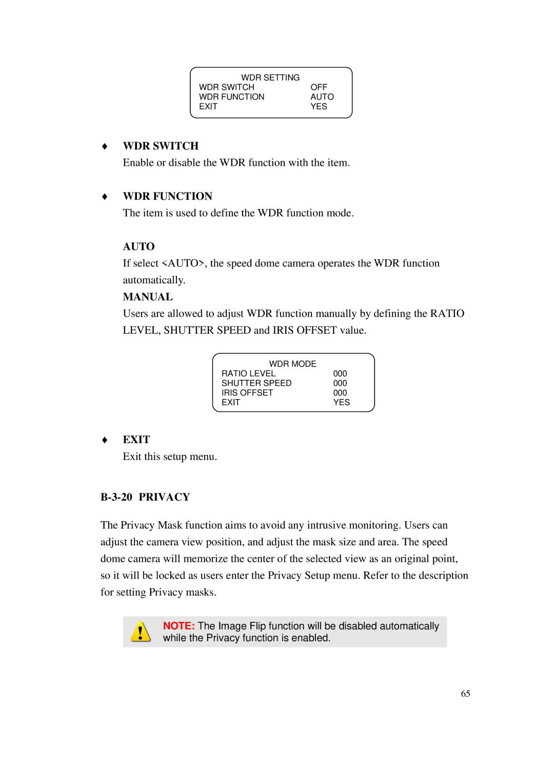 ACTiSYS CAM-6500 user manual WDR Switch, WDR Function, Privacy 