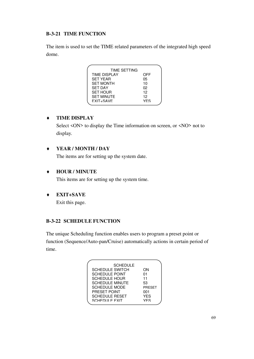 ACTiSYS CAM-6500 user manual Time Function, Time Display, Year / Month / DAY, Hour / Minute, Schedule Function 