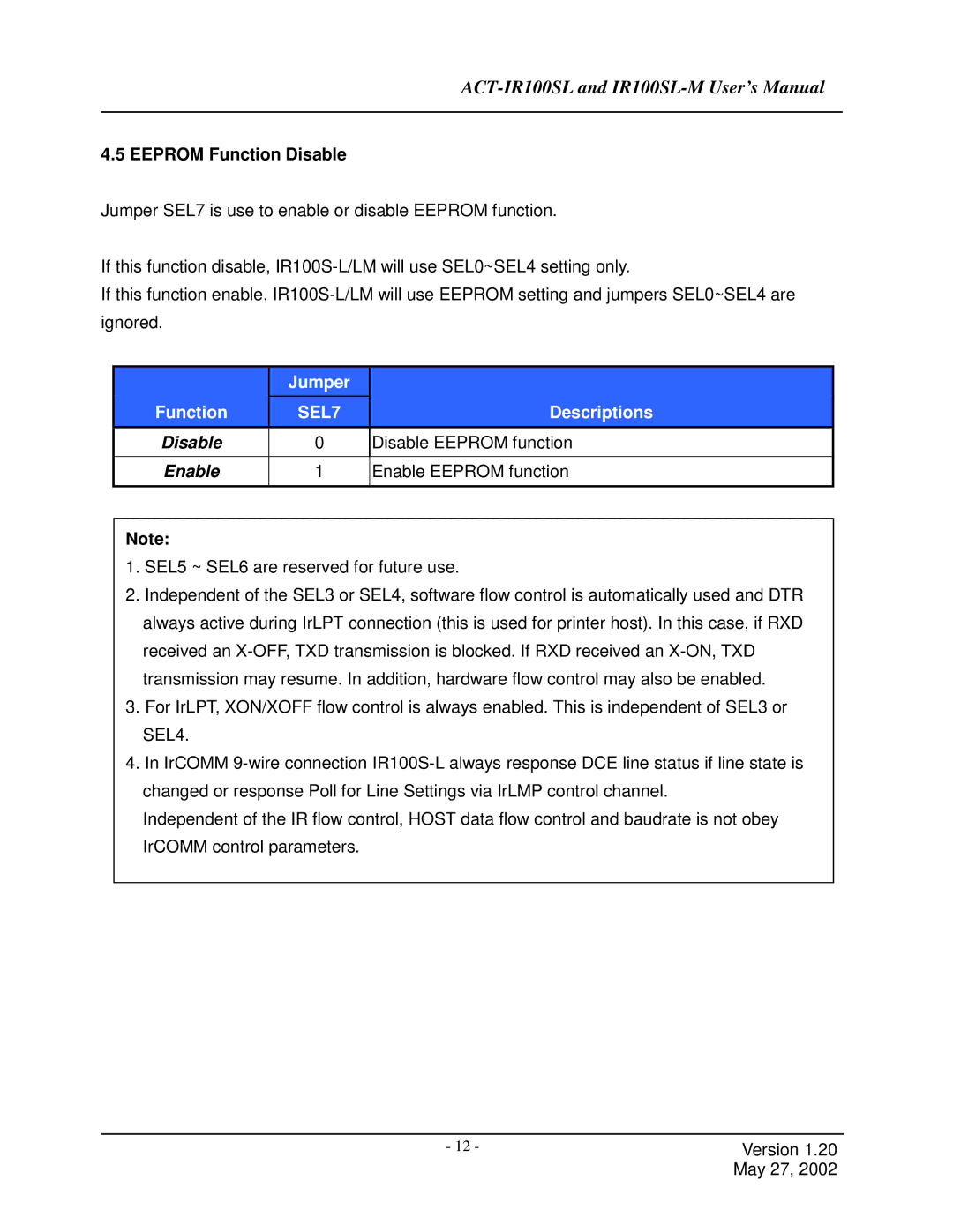 ACTiSYS IR100SLM user manual Eeprom Function Disable, Enable 