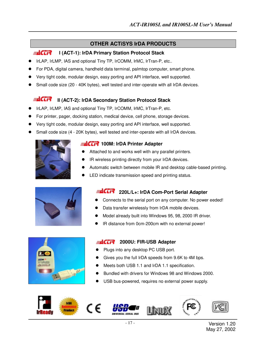 ACTiSYS IR100SLM user manual ACT-1 IrDA Primary Station Protocol Stack, II ACT-2 IrDA Secondary Station Protocol Stack 