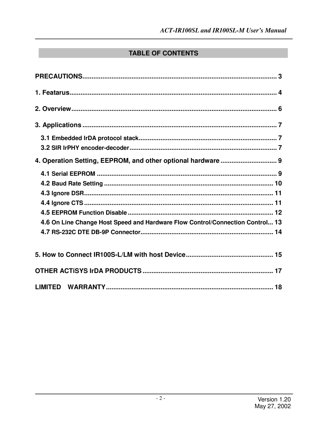 ACTiSYS IR100SLM user manual Limited Warranty 