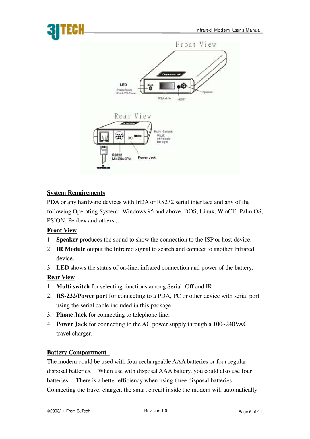 ACTiSYS PP2-5600 user manual System Requirements, Front View, Rear View, Battery Compartment 