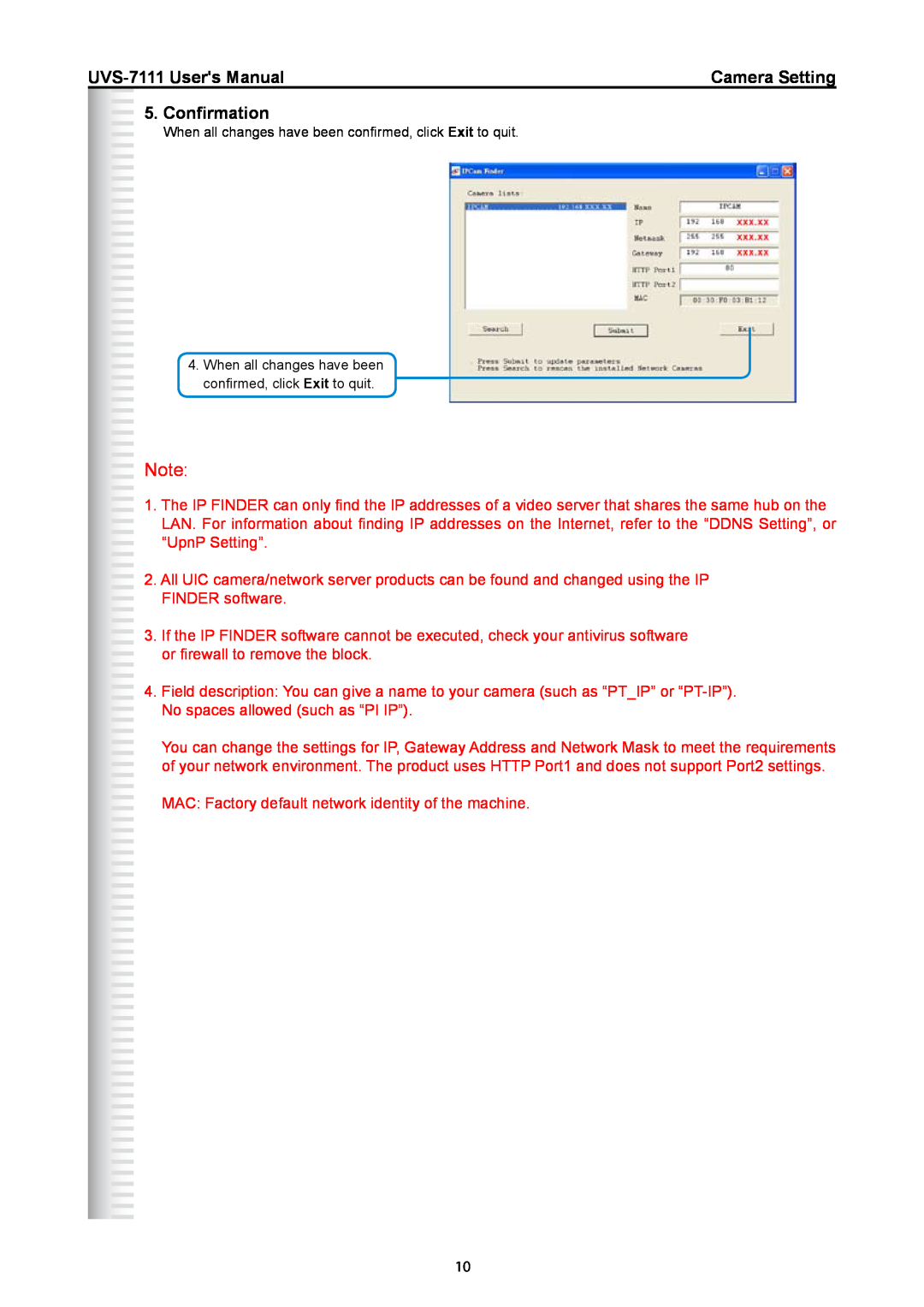 Active Thermal Management manual Confirmation, Camera Setting, UVS-7111 Users Manual, FINDER software 