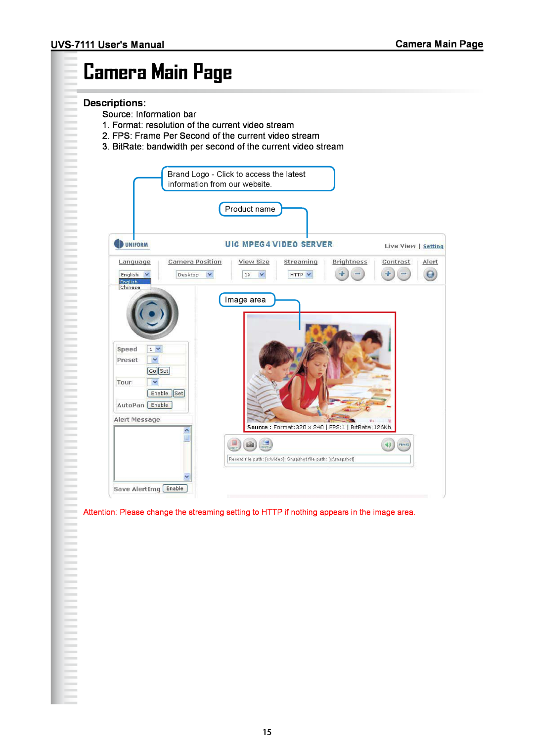 Active Thermal Management manual Camera Main Page, Descriptions, UVS-7111 Users Manual 