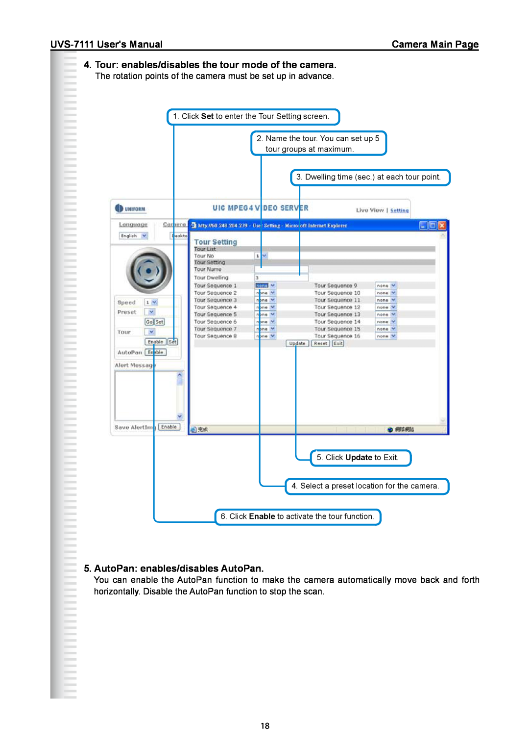 Active Thermal Management UVS-7111 Tour enables/disables the tour mode of the camera, AutoPan enables/disables AutoPan 