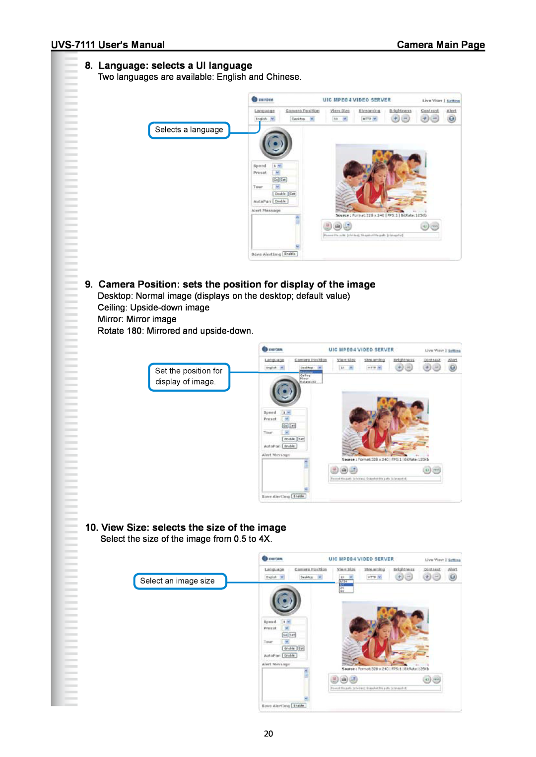 Active Thermal Management UVS-7111 manual Language selects a UI language, View Size selects the size of the image 