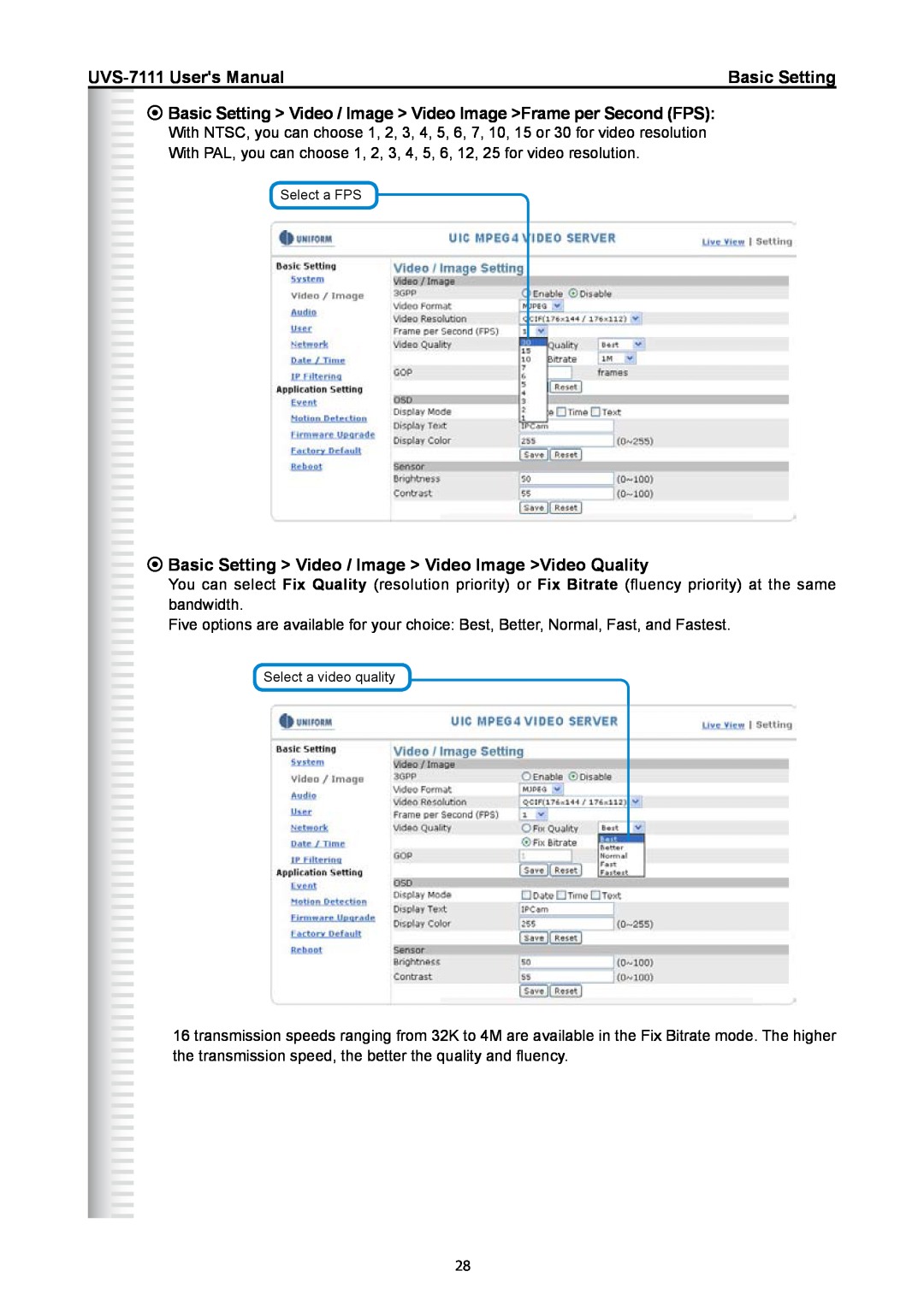 Active Thermal Management manual Basic Setting Video / Image Video Image Frame per Second FPS, UVS-7111 Users Manual 