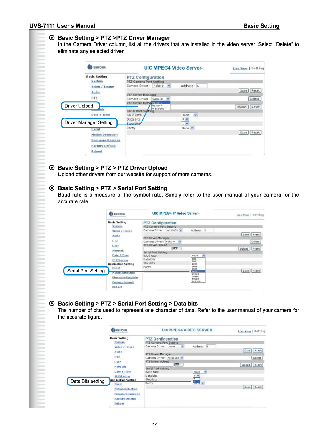 Active Thermal Management UVS-7111 manual Basic Setting PTZ PTZ Driver Manager, Basic Setting PTZ PTZ Driver Upload 